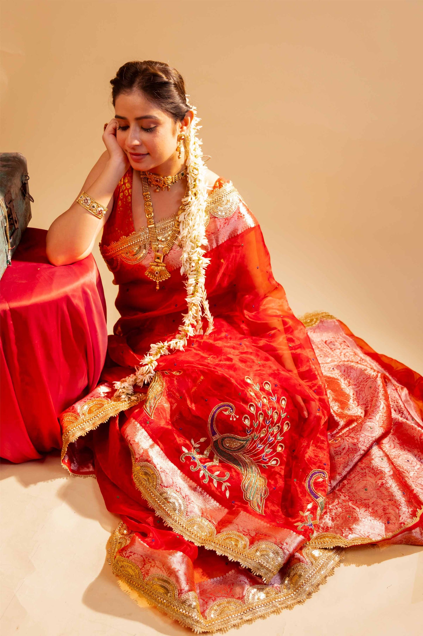 Red Hand Embroidered Tissue Silk Saree With Embellished Border