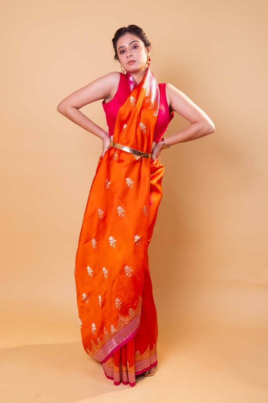 Orange & Rani Floral Raw Mango Silk Saree