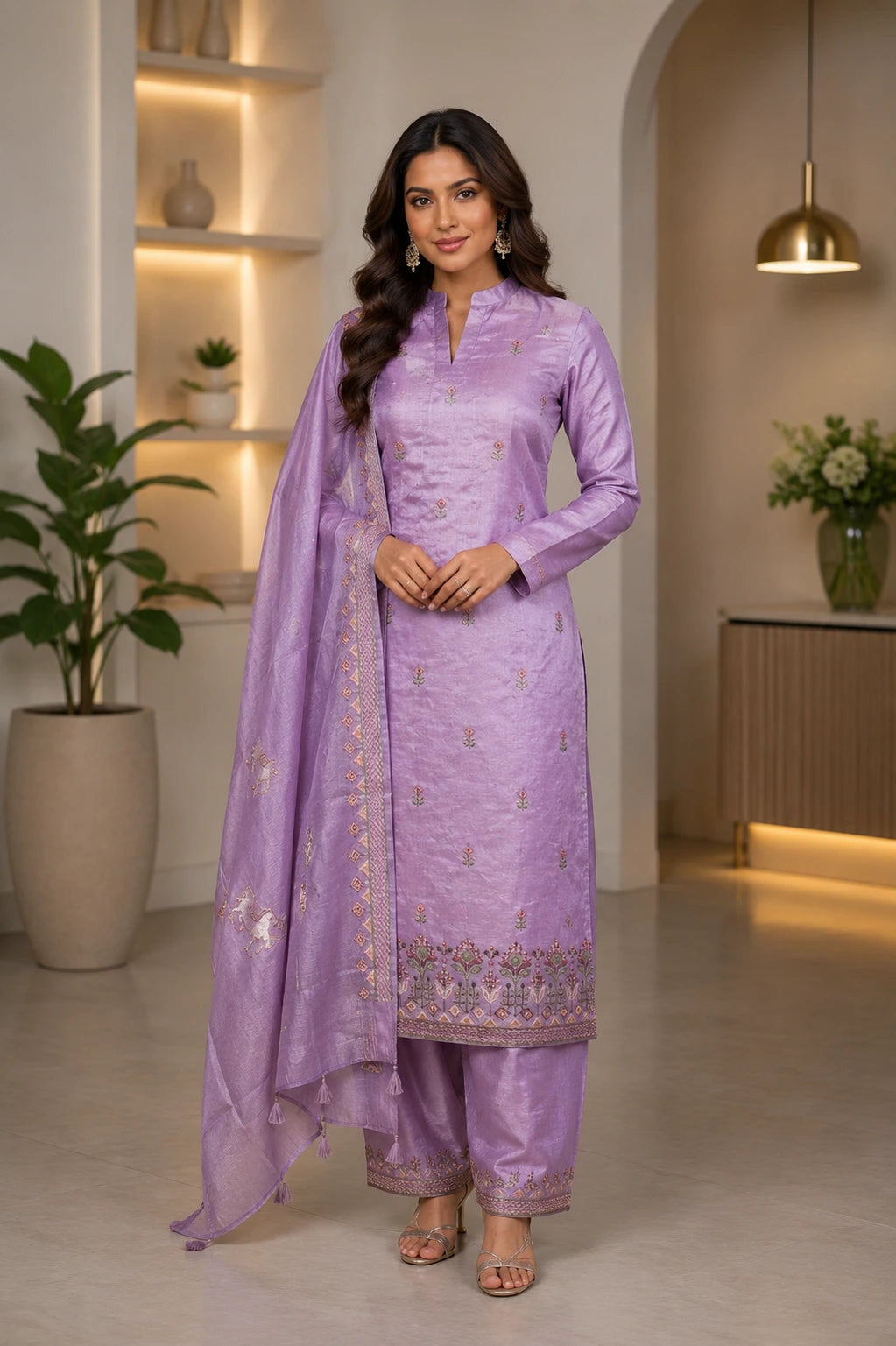 Lavender  Embroidered Tussar Silk Suit