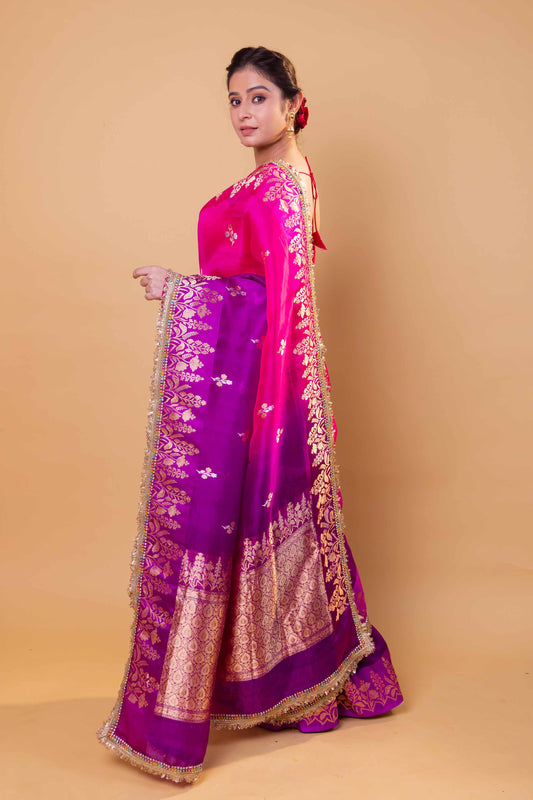 Rani & Purple Shaded Kadhua Organza Silk Saree With Embellished Border