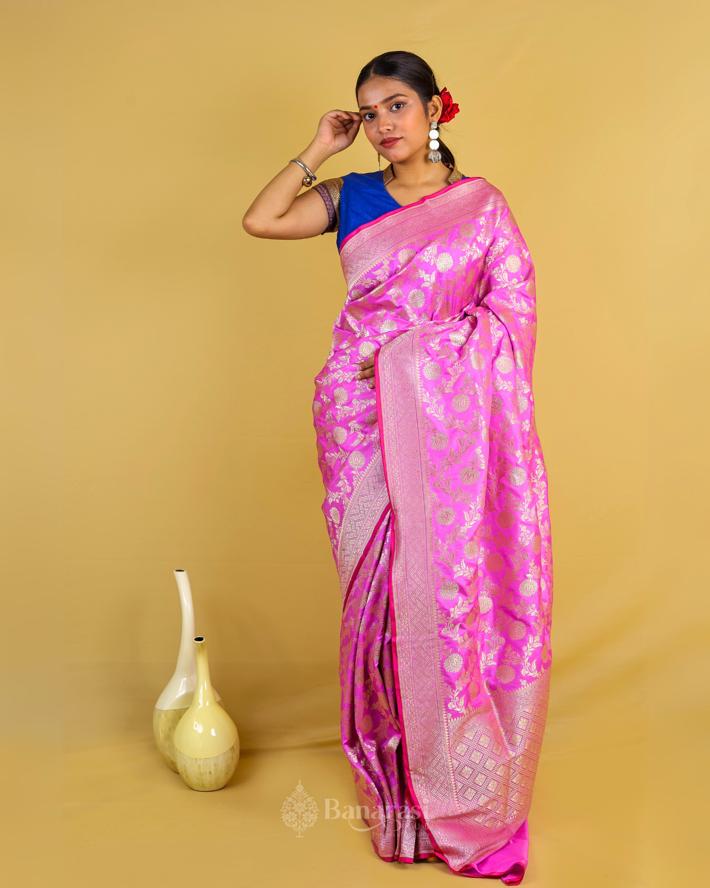 Light Pink Floral Jaal Katan Banarasi Silk Saree