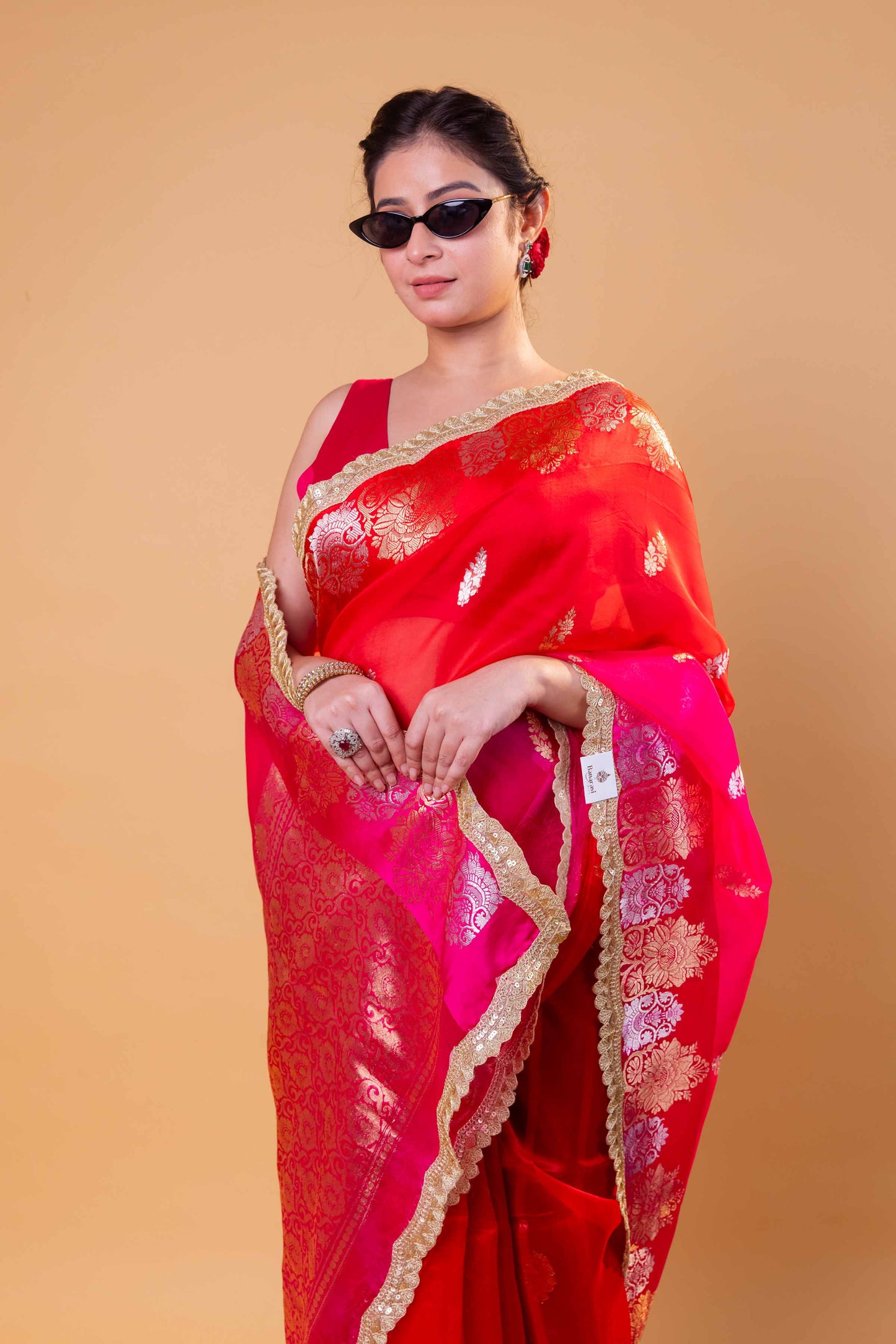 Red & Rani Shaded Kadhua Organza Silk Saree With Embellished Border