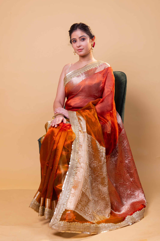 Mustard & Red Embellished Lace Pure Soft Tissue Silk Saree