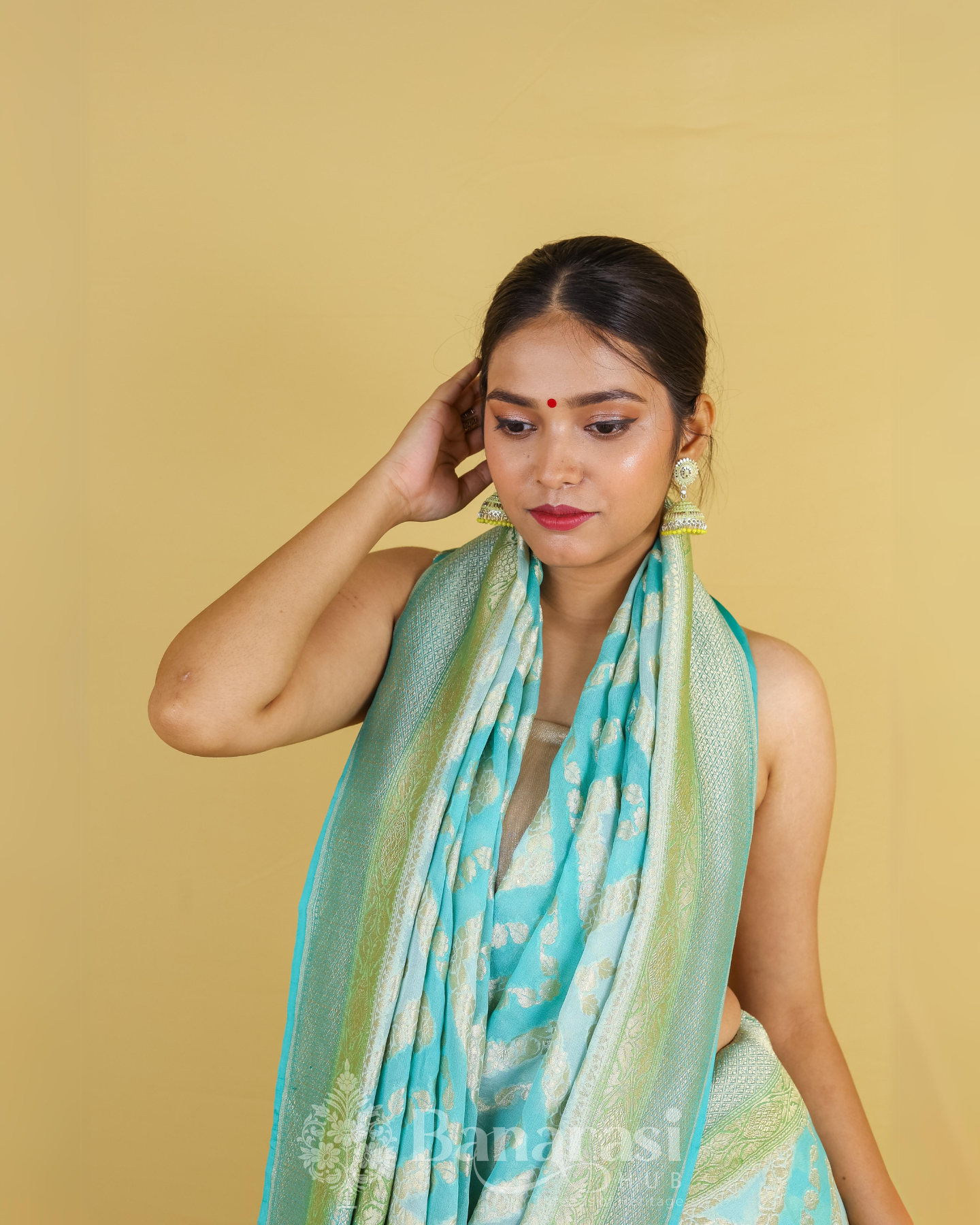 Sea Green Rangkat Khaddi Banarasi Georgette Silk Saree