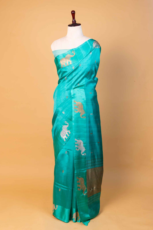 Sea Green Elephant Weaving Raw Mango Silk Saree