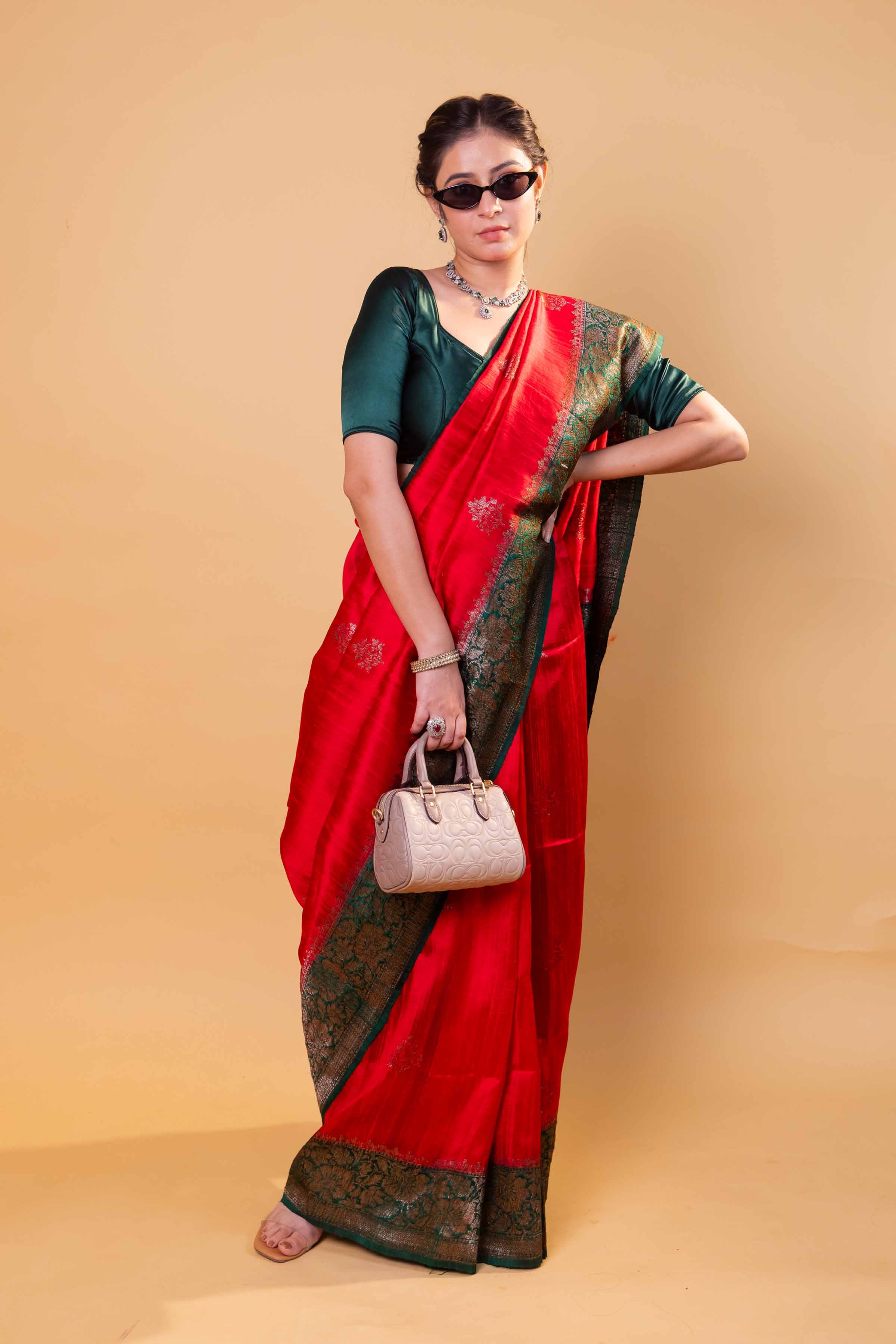 Red & Green Handwoven Raw Silk Saree