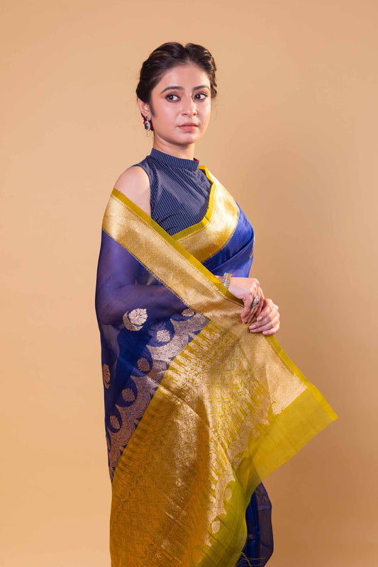 Royal Blue & Olive Kadhua Organza Silk Saree