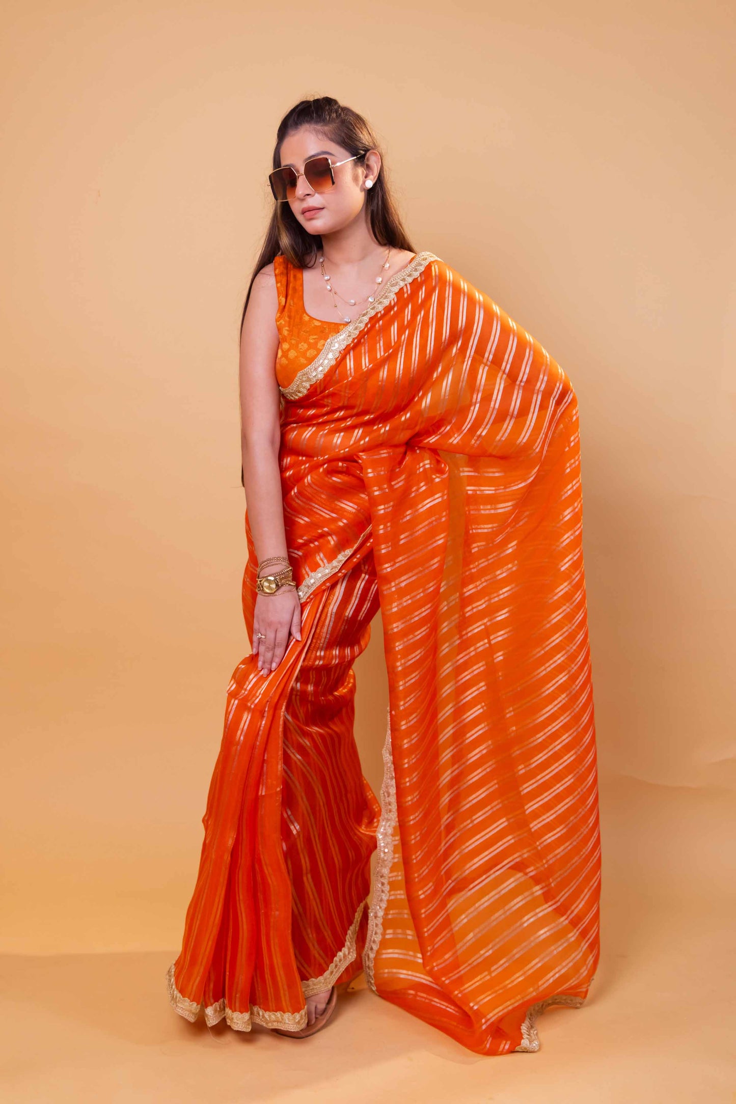 Orange Sona Rupa Stripe Organza Silk Saree With Embellished Border