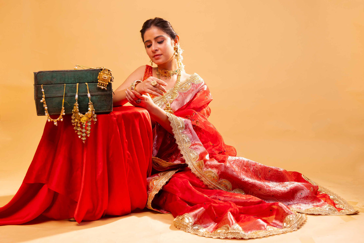 Red Hand Embroidered Tissue Silk Saree With Embellished Border