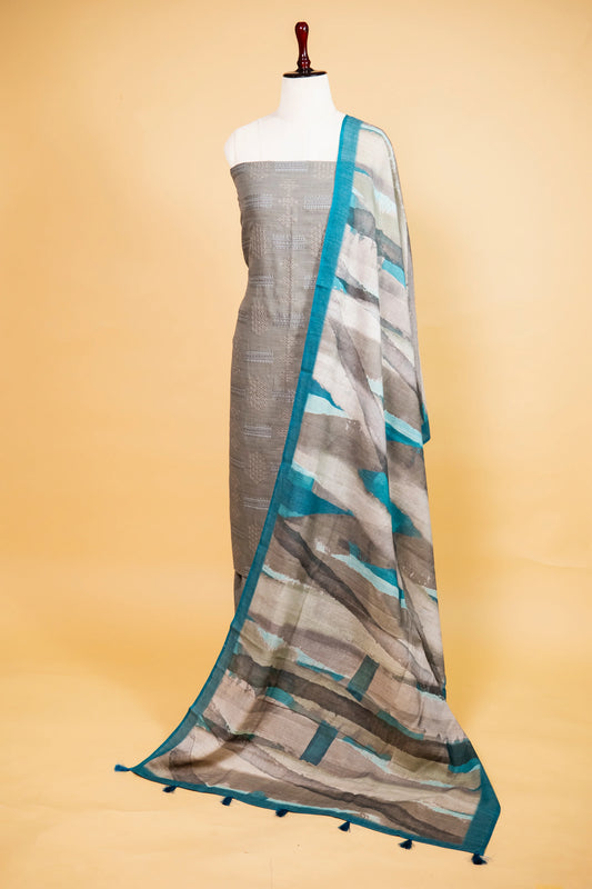 Ash Grey Linen Matka Embroidered Suit