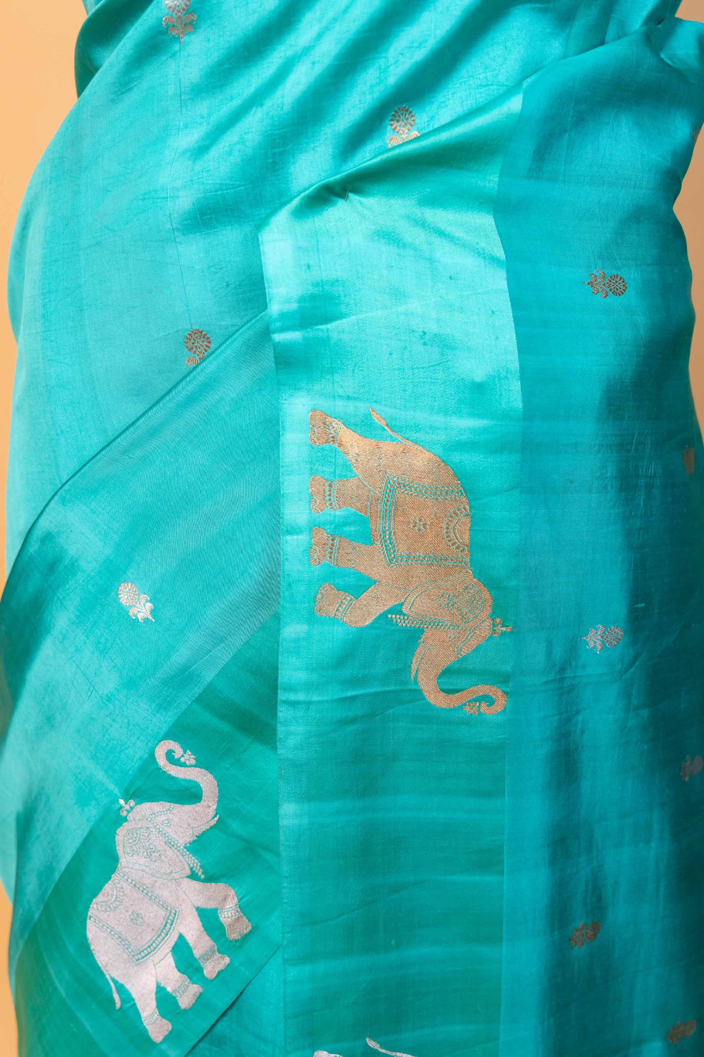 Sea Green Elephant Weaving Raw Mango Silk Saree