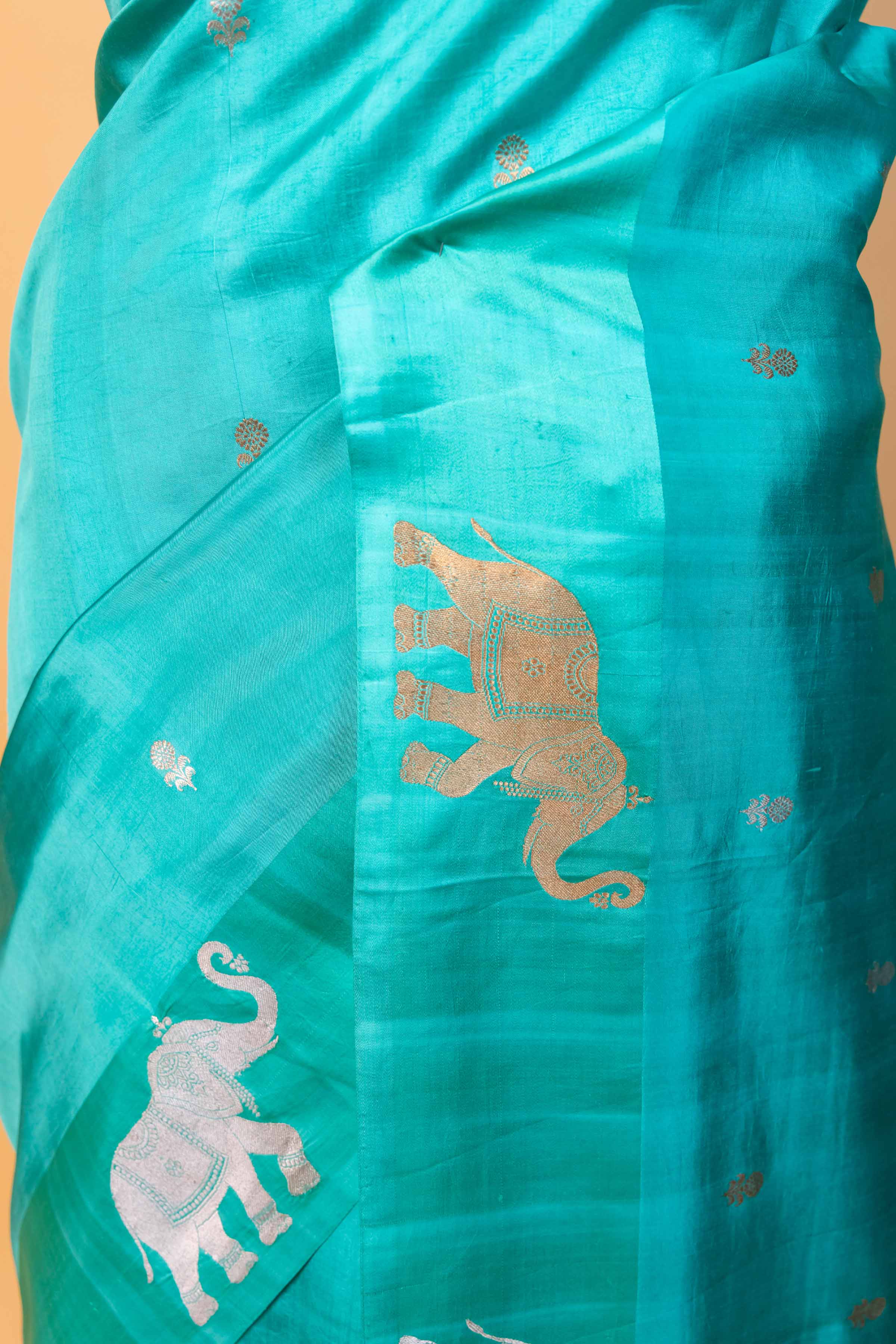 Sea Green Elephant Weaving Puna Silk Saree