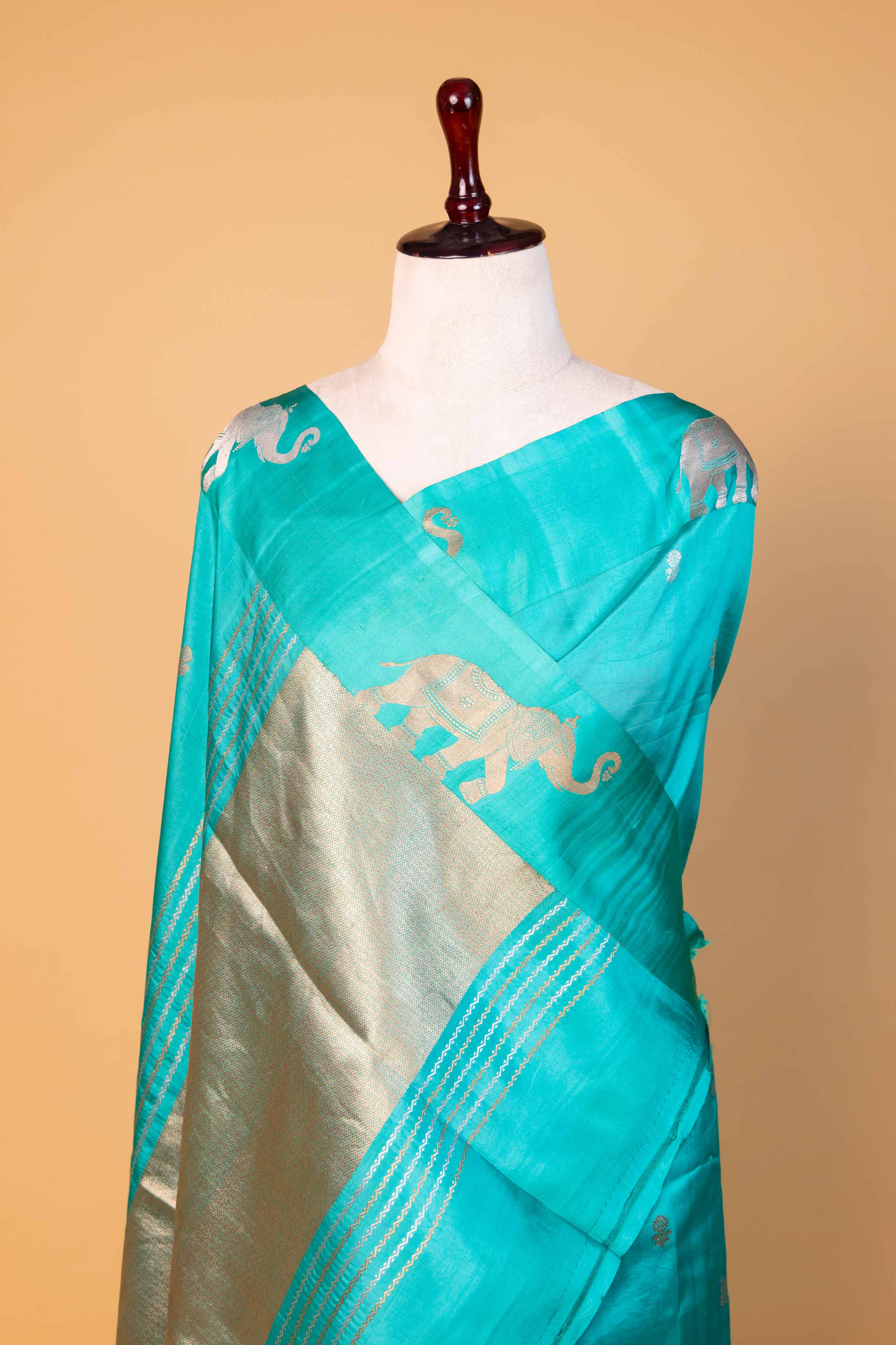 Sea Green Elephant Weaving Puna Silk Saree