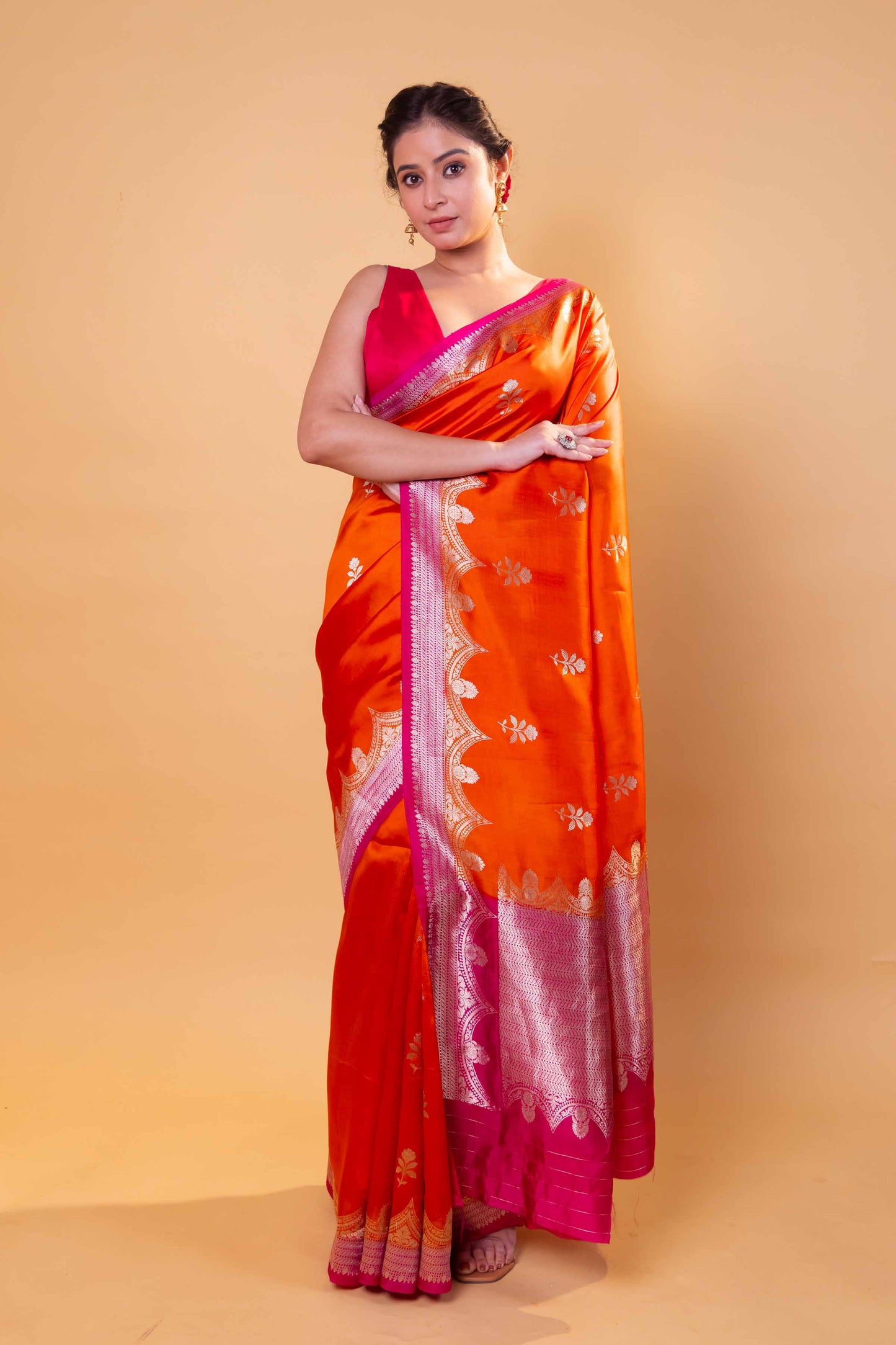 Orange & Rani Floral Raw Mango Silk Saree