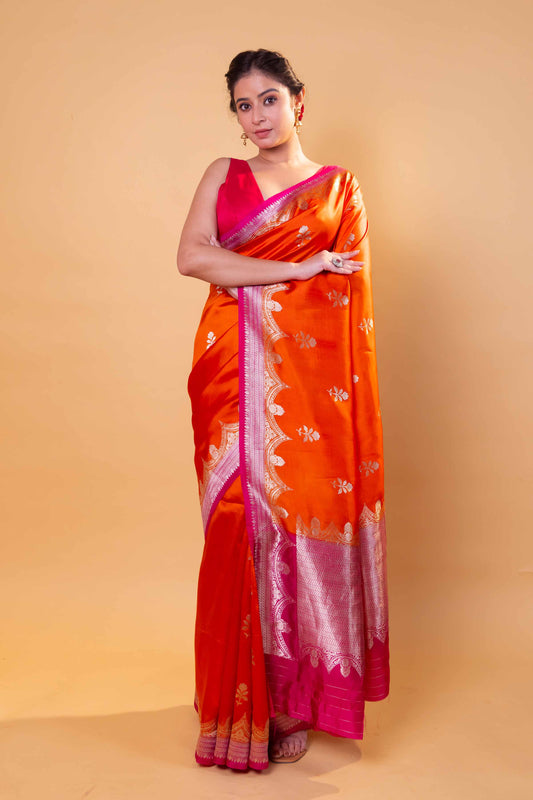 Orange & Rani Floral Raw Mango Silk Saree