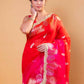 Red & Rani Shaded Kadhua Organza Silk Saree With Embellished Border