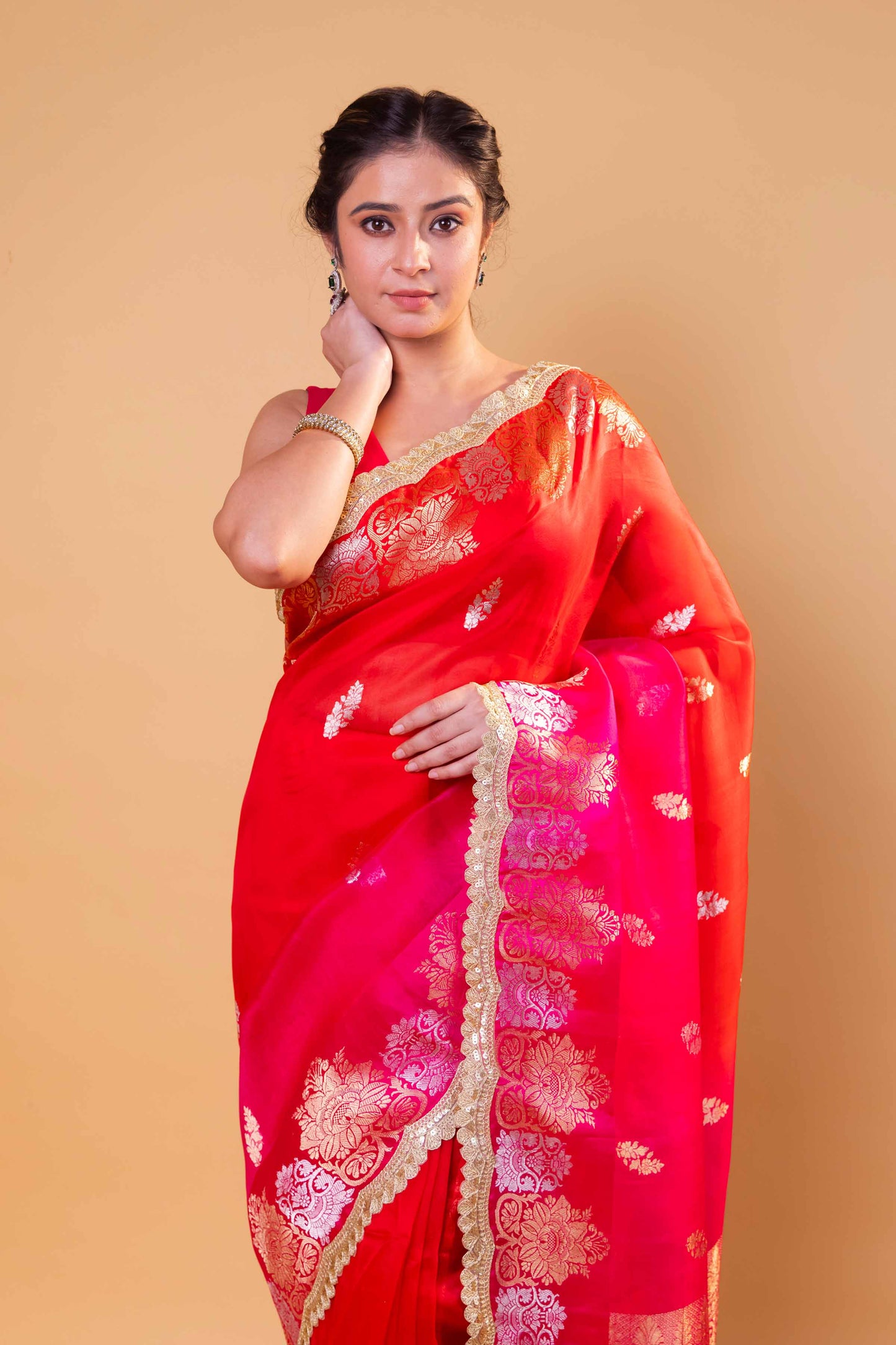 Red & Rani Shaded Kadhua Organza Silk Saree With Embellished Border