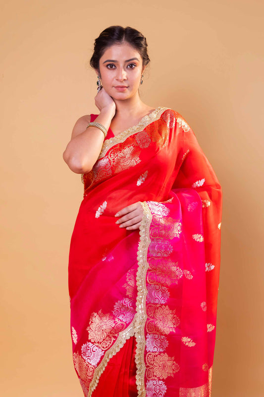 Red & Rani Shaded Kadhua Organza Silk Saree With Embellished Border