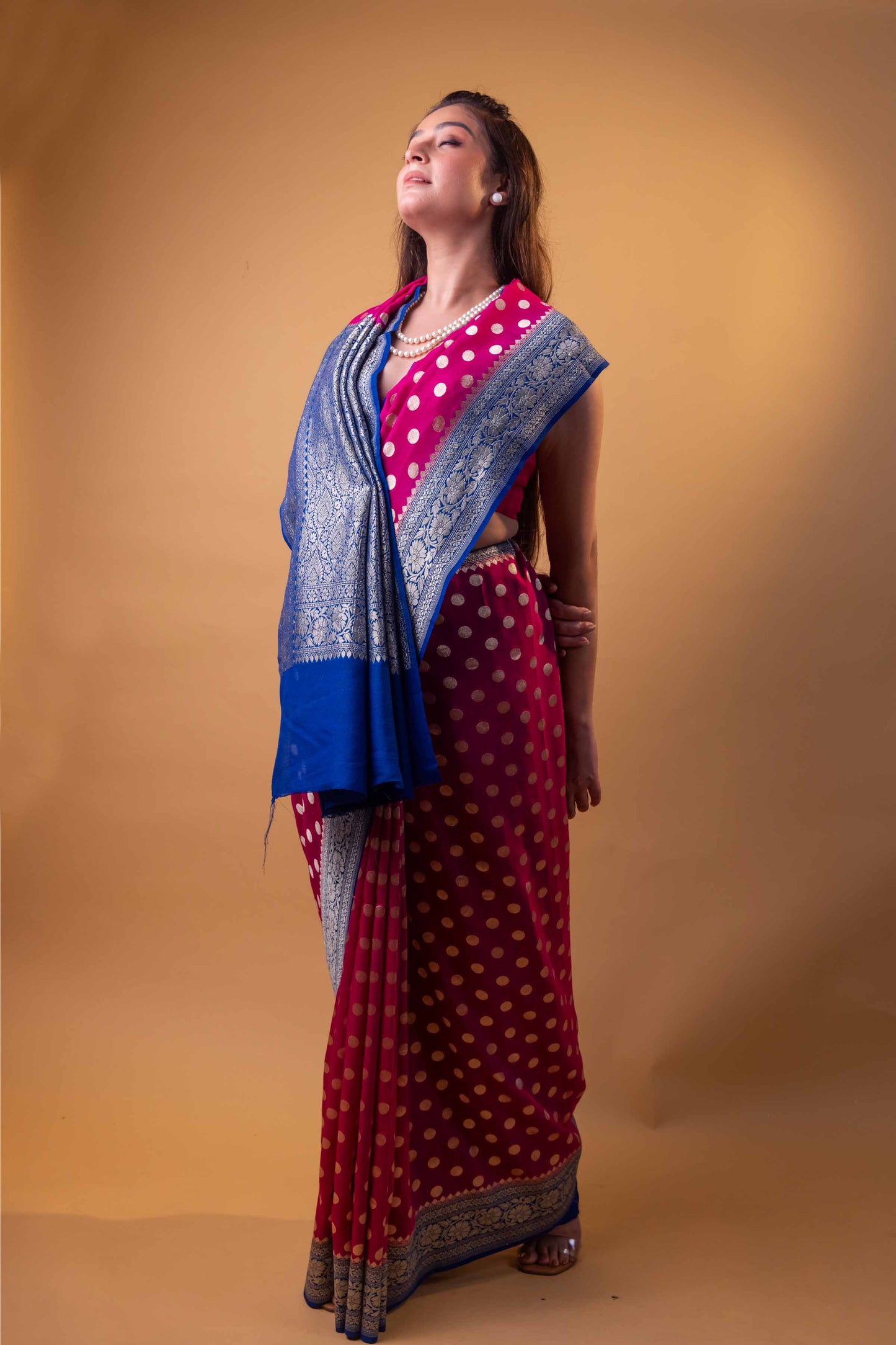 Pink & Blue Polka Dot Munga Khaddi Georgette Silk Saree