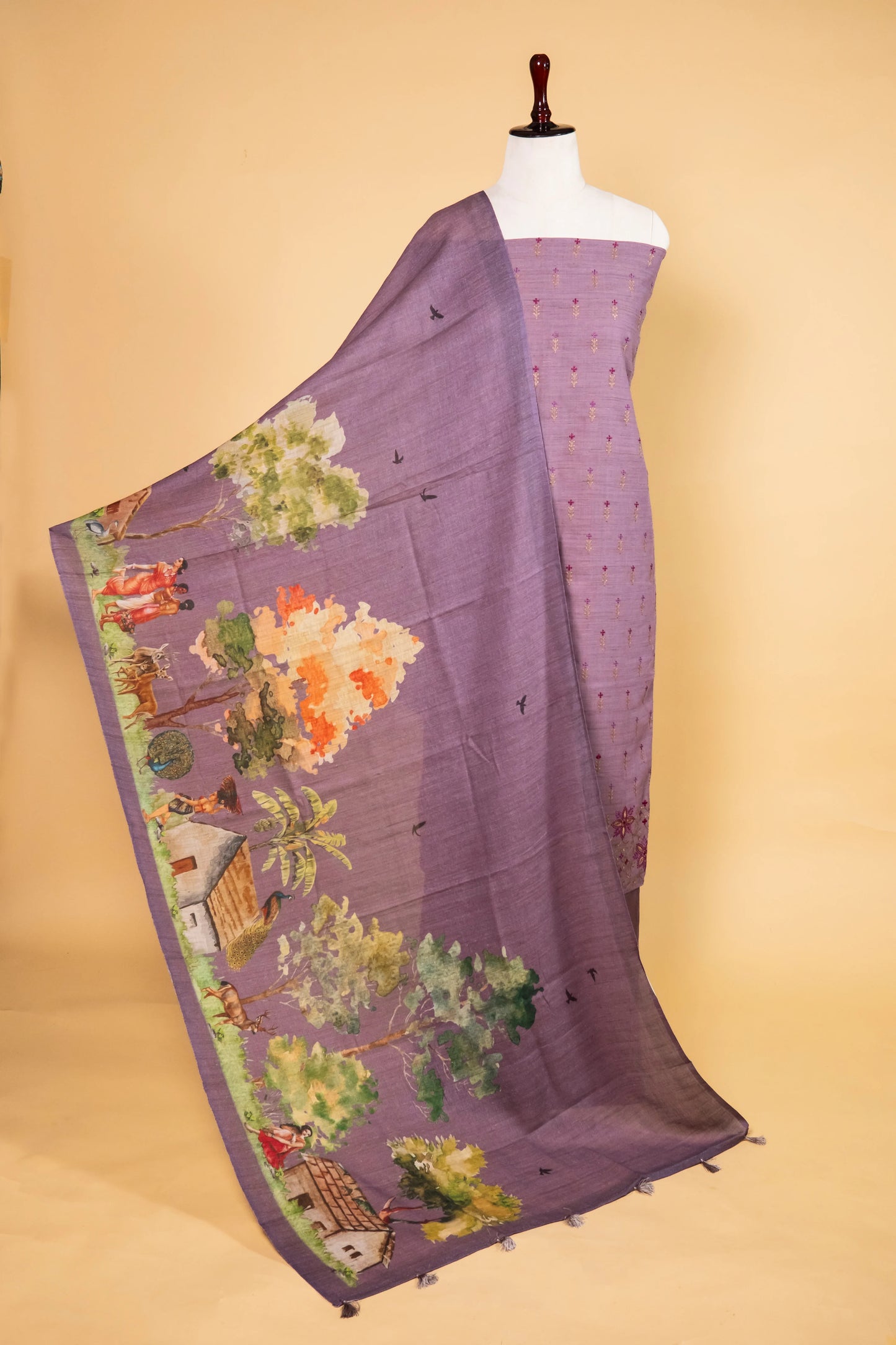 Purple Matka Linen Embroidered Suit