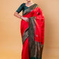 Red & Green Handwoven Raw Silk Saree