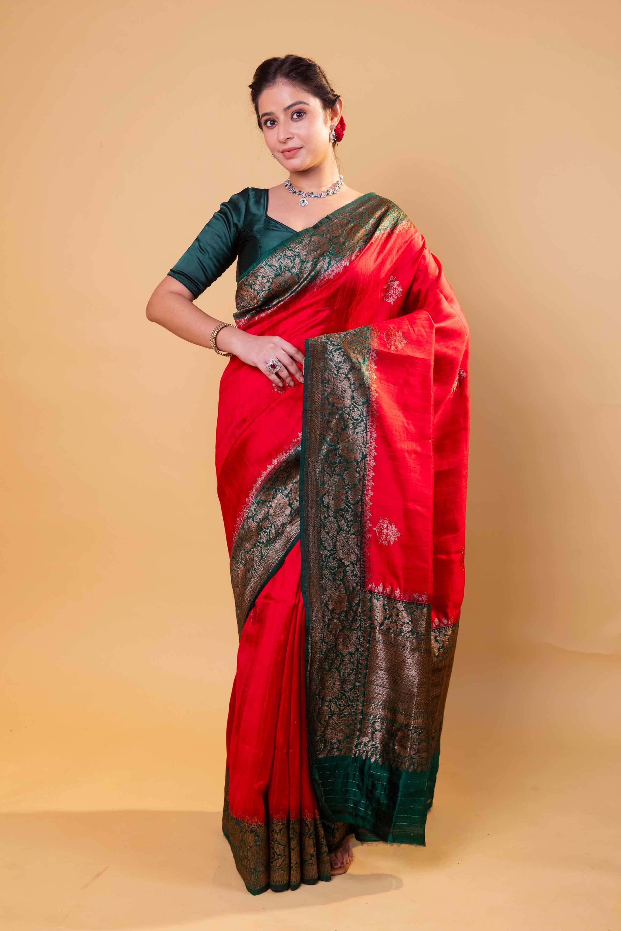 Red & Green Handwoven Raw Silk Saree