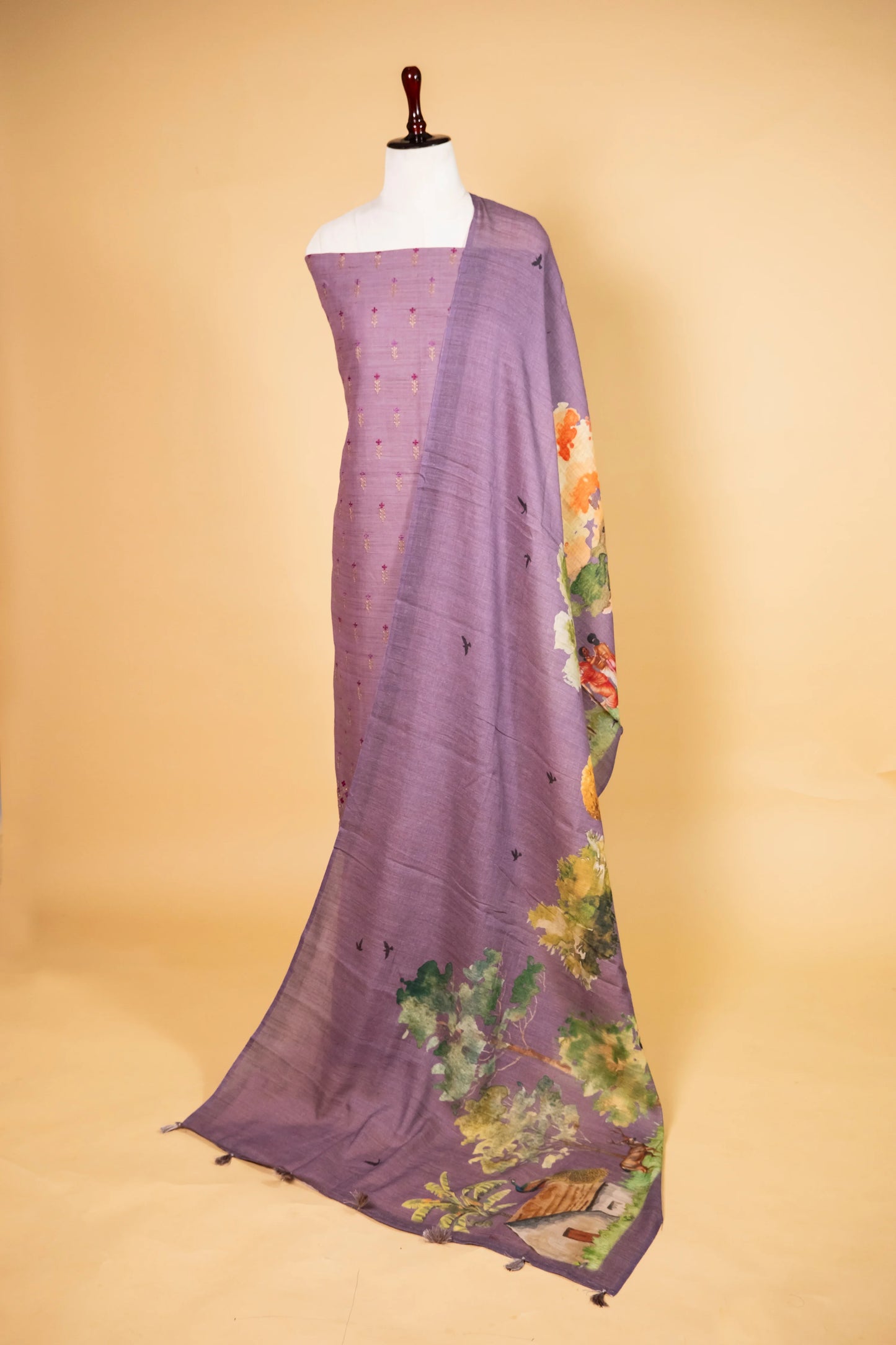 Purple Matka Linen Embroidered Suit