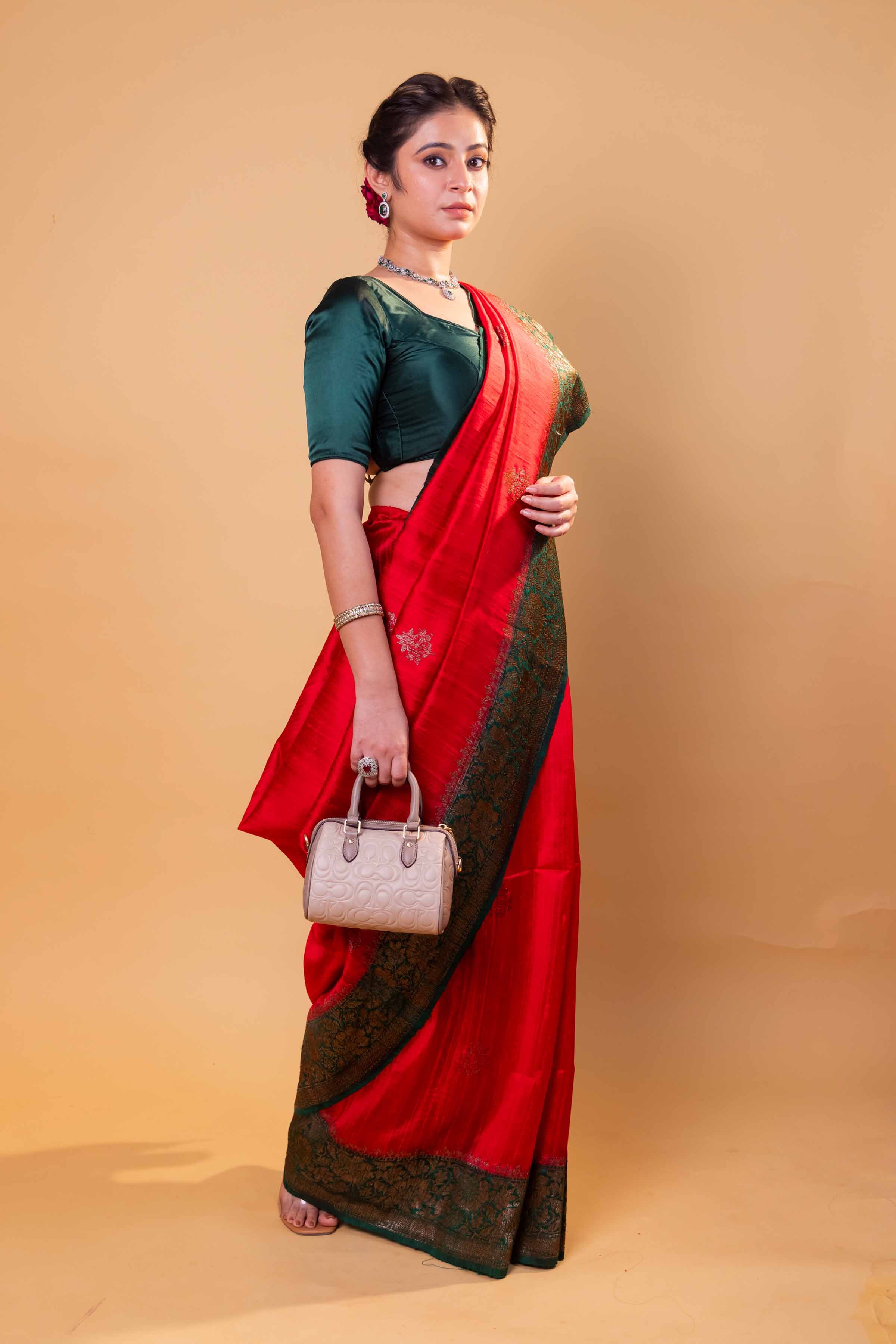 Red & Green Handwoven Raw Silk Saree