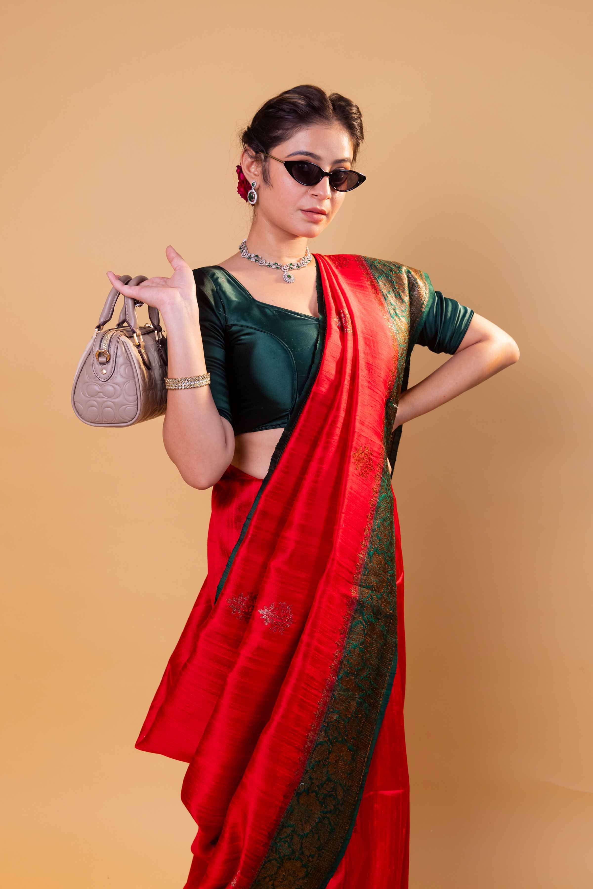 Red & Green Handwoven Raw Silk Saree
