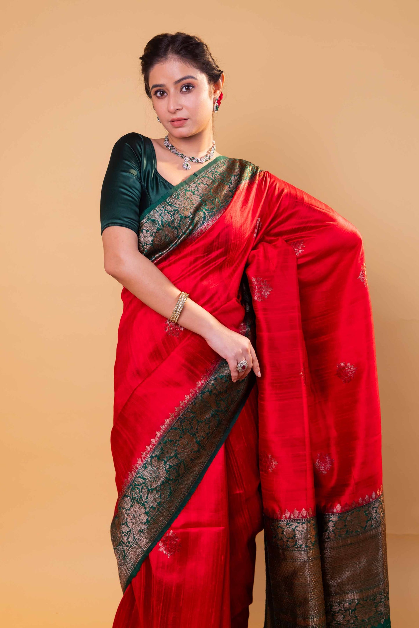 Red & Green Handwoven Raw Silk Saree
