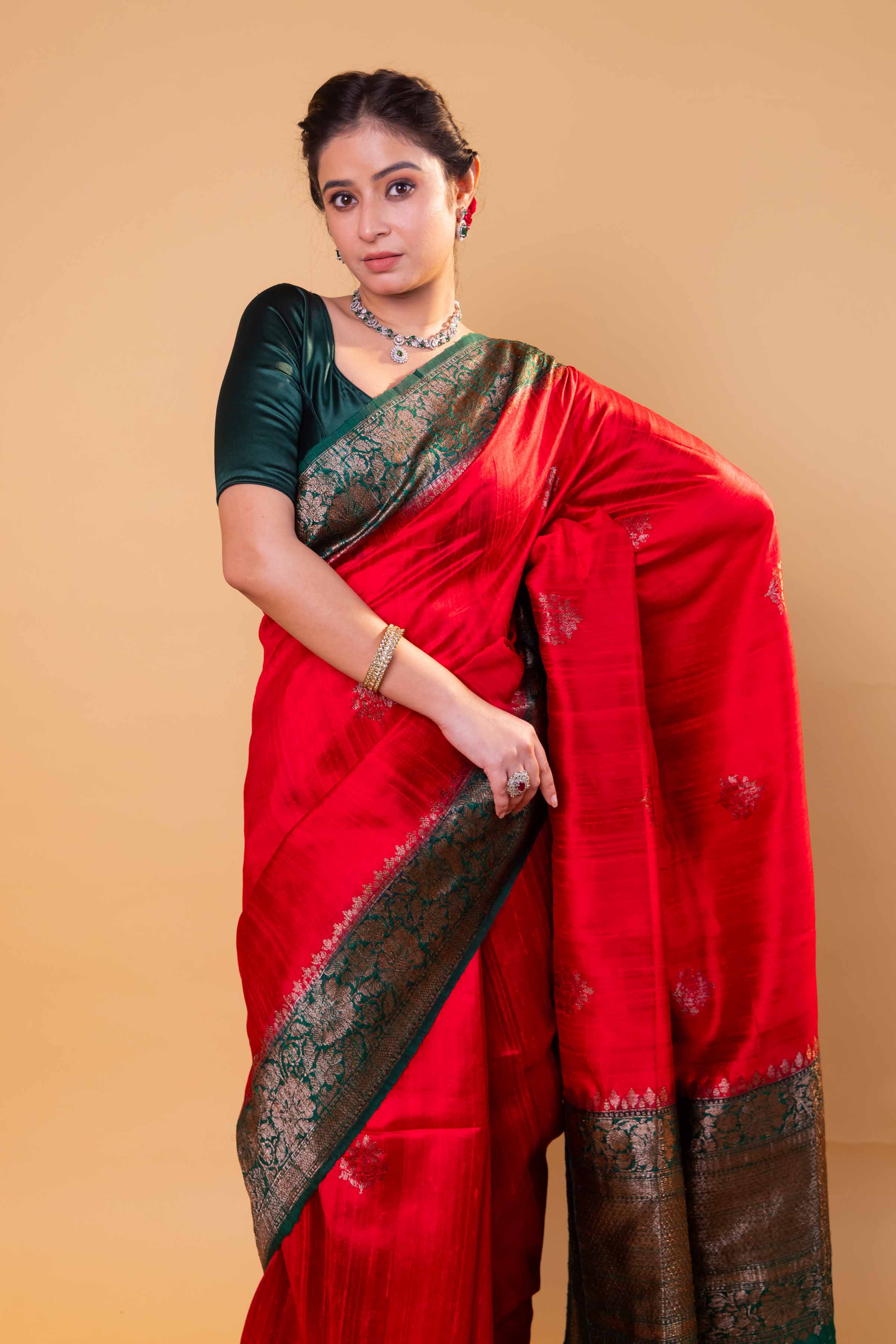 Red & Green Handwoven Raw Silk Saree