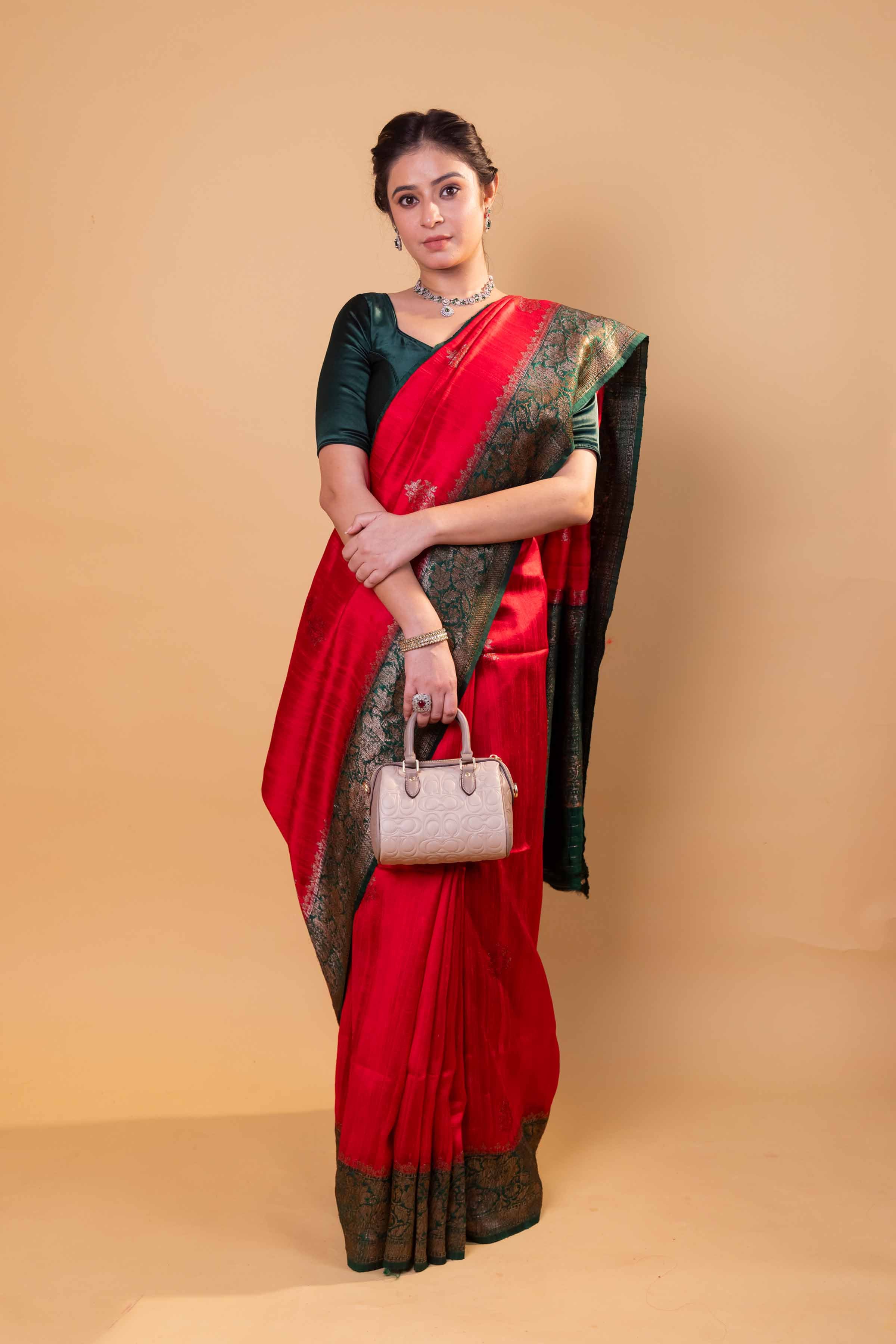 Red & Green Handwoven Raw Silk Saree