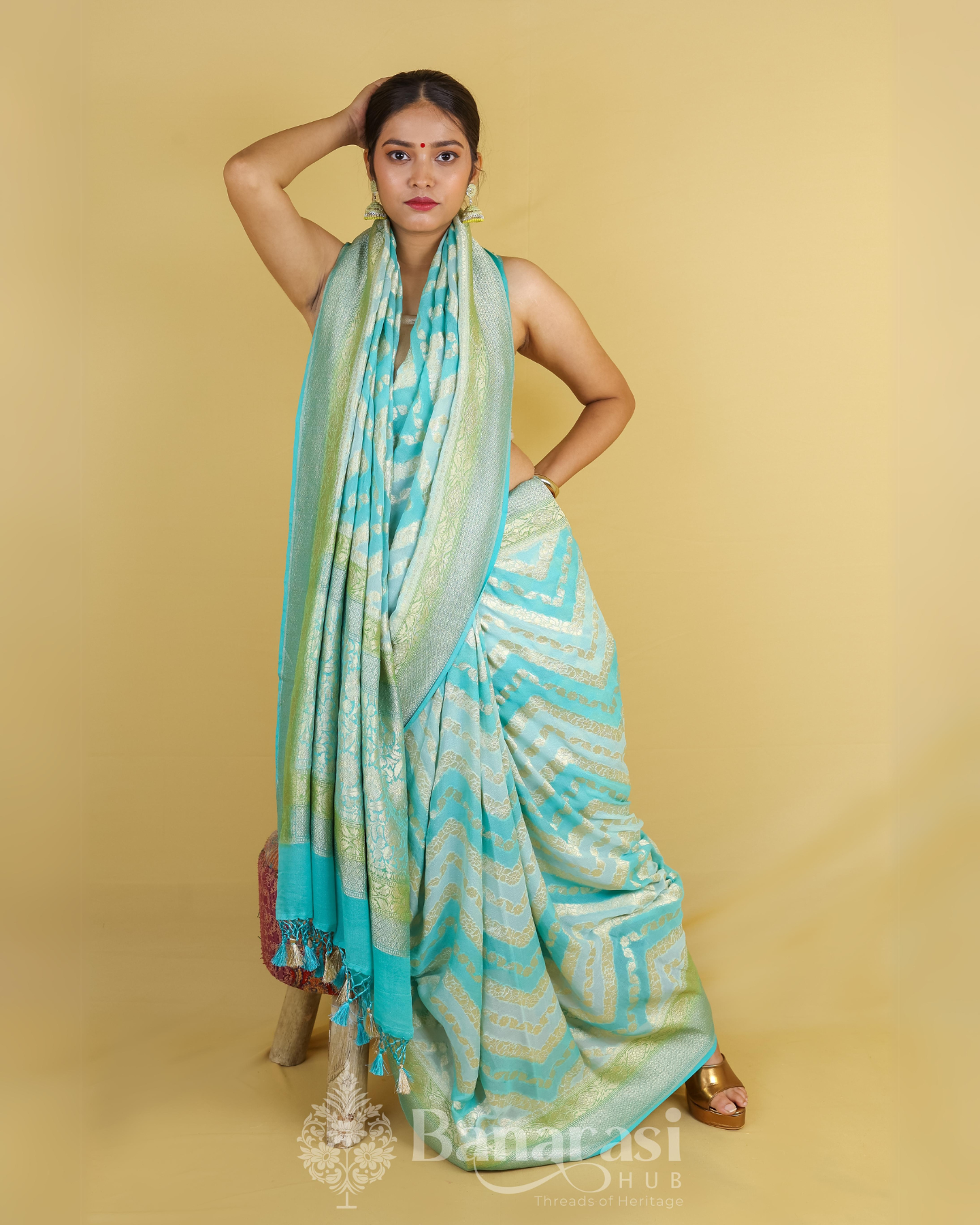 Sea Green Rangkat Khaddi Banarasi Georgette Silk Saree