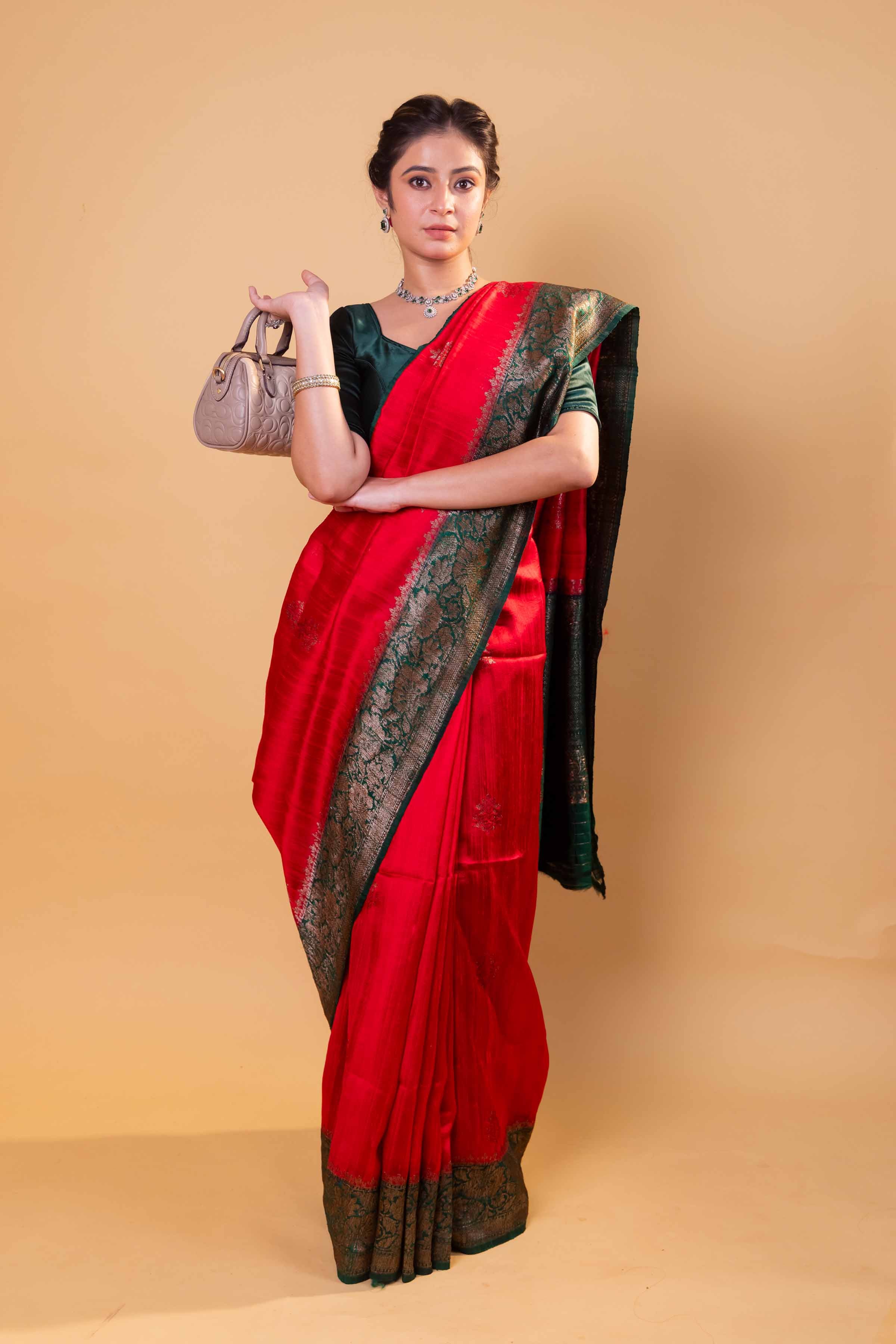 Red & Green Handwoven Raw Silk Saree