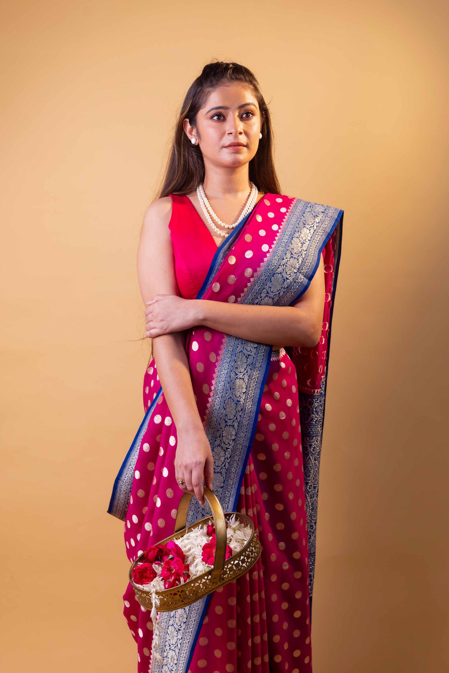 Pink & Blue Polka Dot Munga Khaddi Georgette Silk Saree
