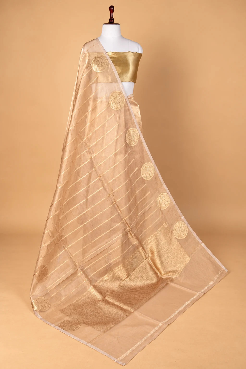 Beige Striped Handloom Tissue Silk Saree
