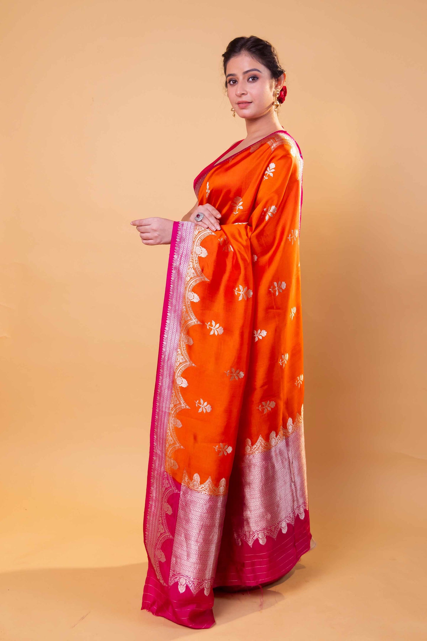 Orange & Rani Floral Raw Mango Silk Saree