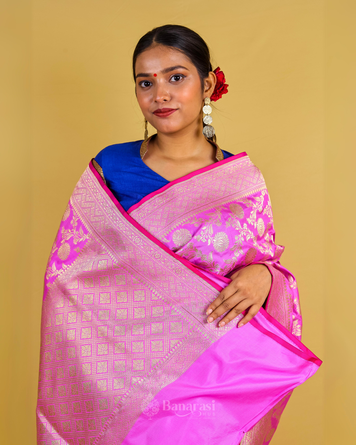 Light Pink Floral Jaal Katan Banarasi Silk Saree