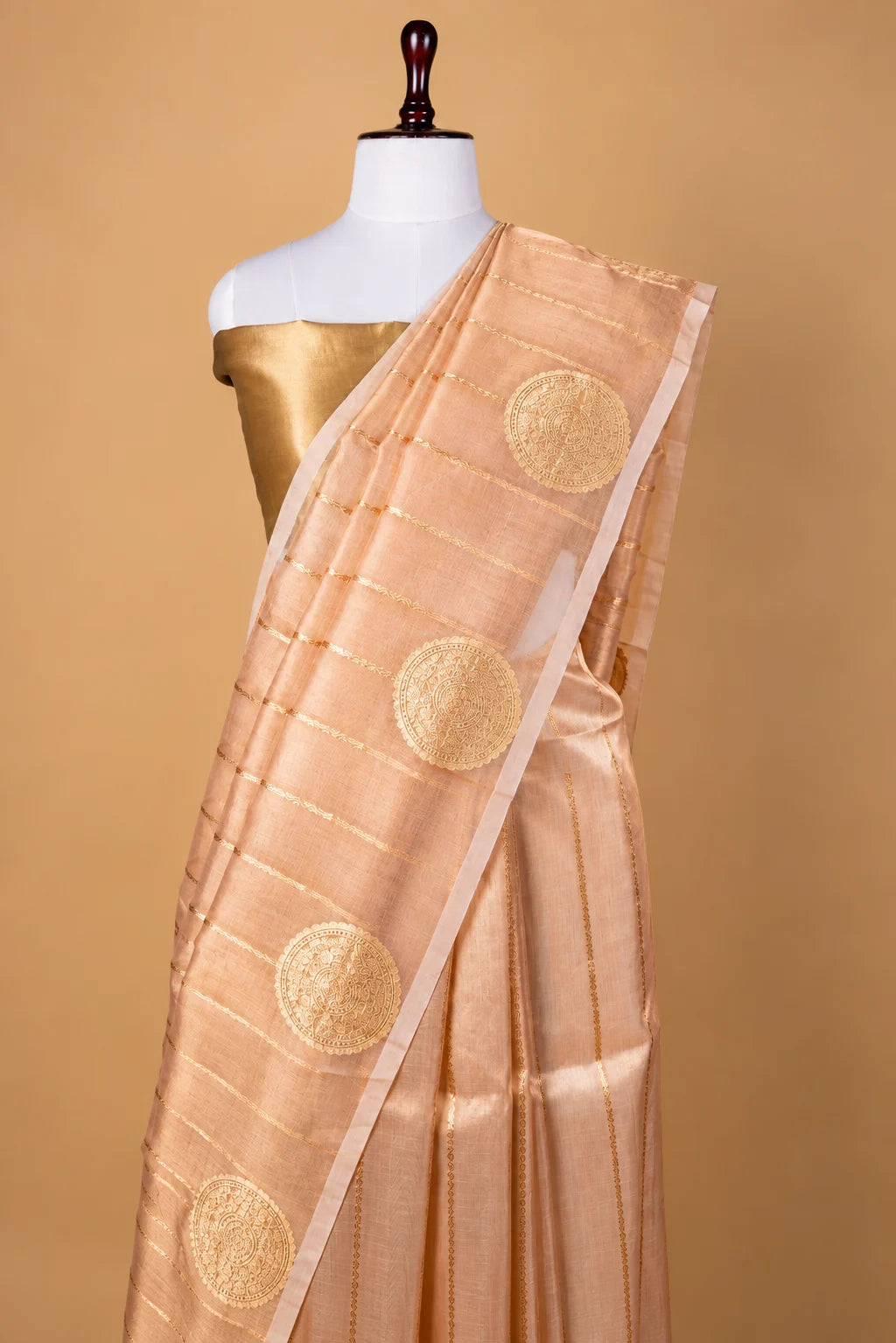 Beige Striped Handloom Tissue Silk Saree