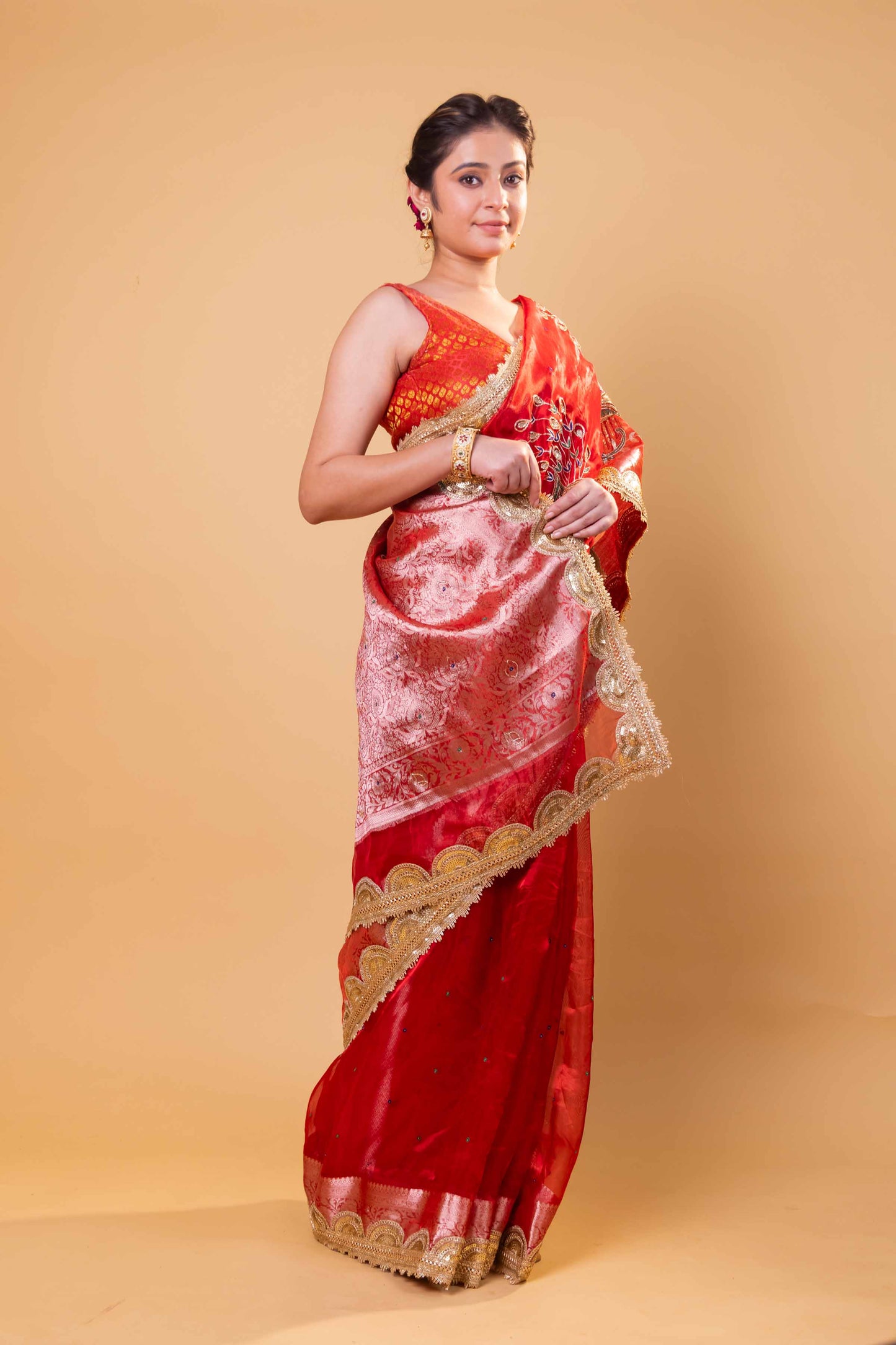 Red Hand Embroidered Tissue Silk Saree With Embellished Border