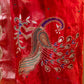 Red Hand Embroidered Tissue Silk Saree With Embellished Border
