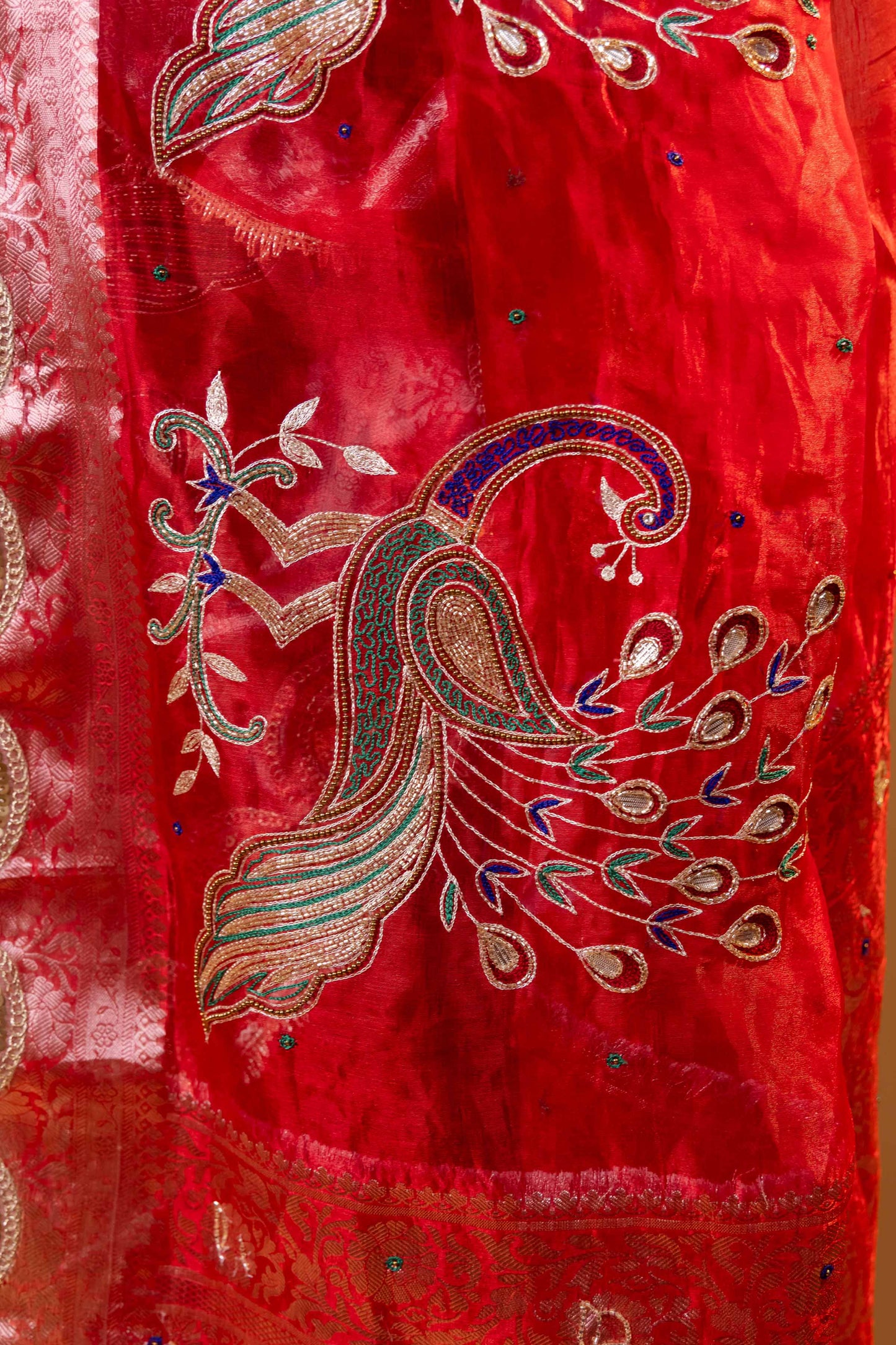 Red Hand Embroidered Tissue Silk Saree With Embellished Border