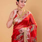 Red Hand Embroidered Tissue Silk Saree With Embellished Border
