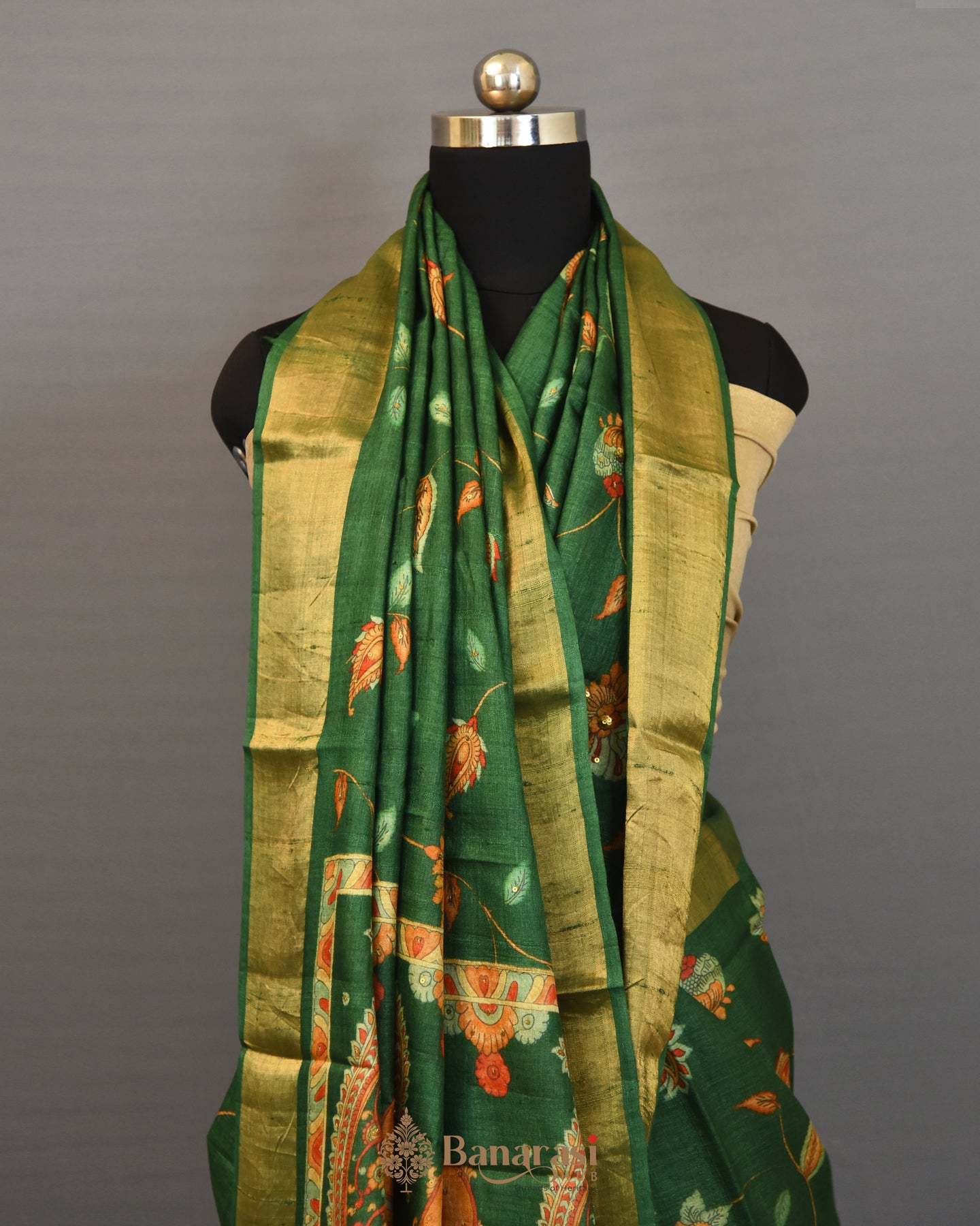 Green Floral print sequence tussar banarasi silk saree