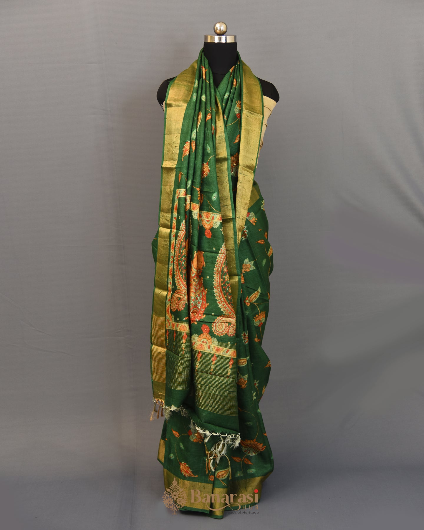 Green Floral print sequence tussar banarasi silk saree