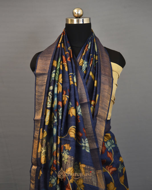 Navy blue kalamkari printed tussar silk saree