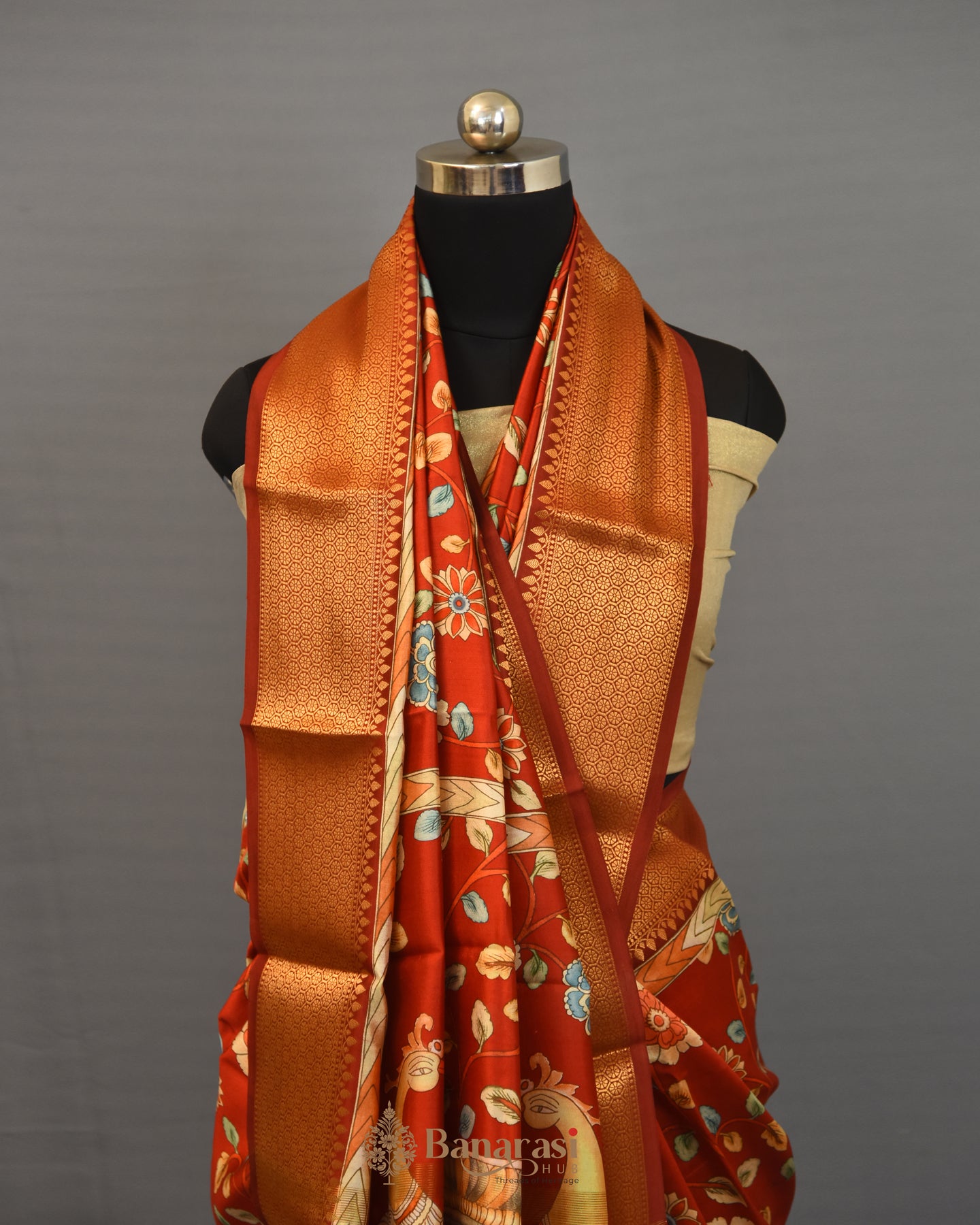 Red chiniya silk kalamkari saree