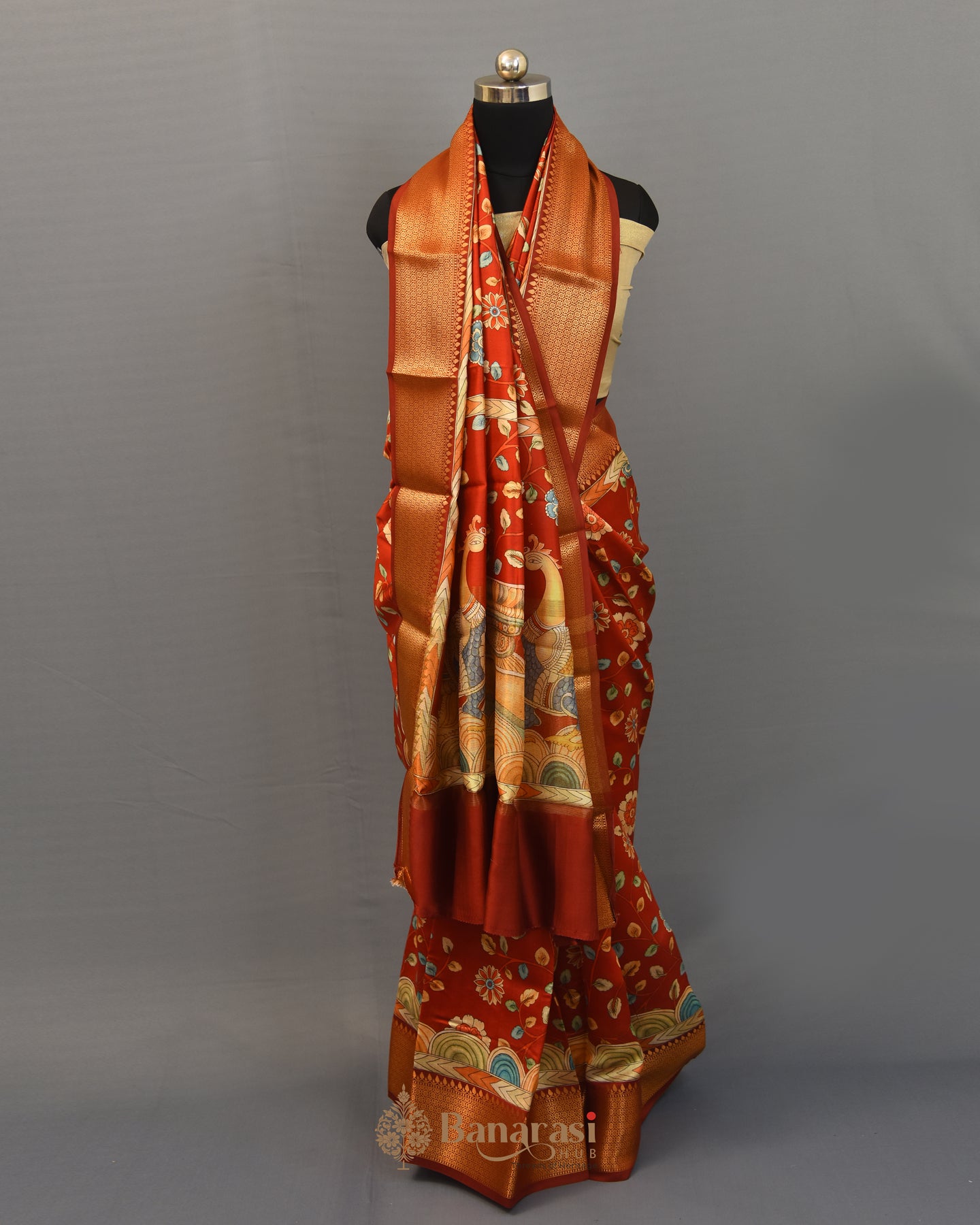 Red chiniya silk kalamkari saree