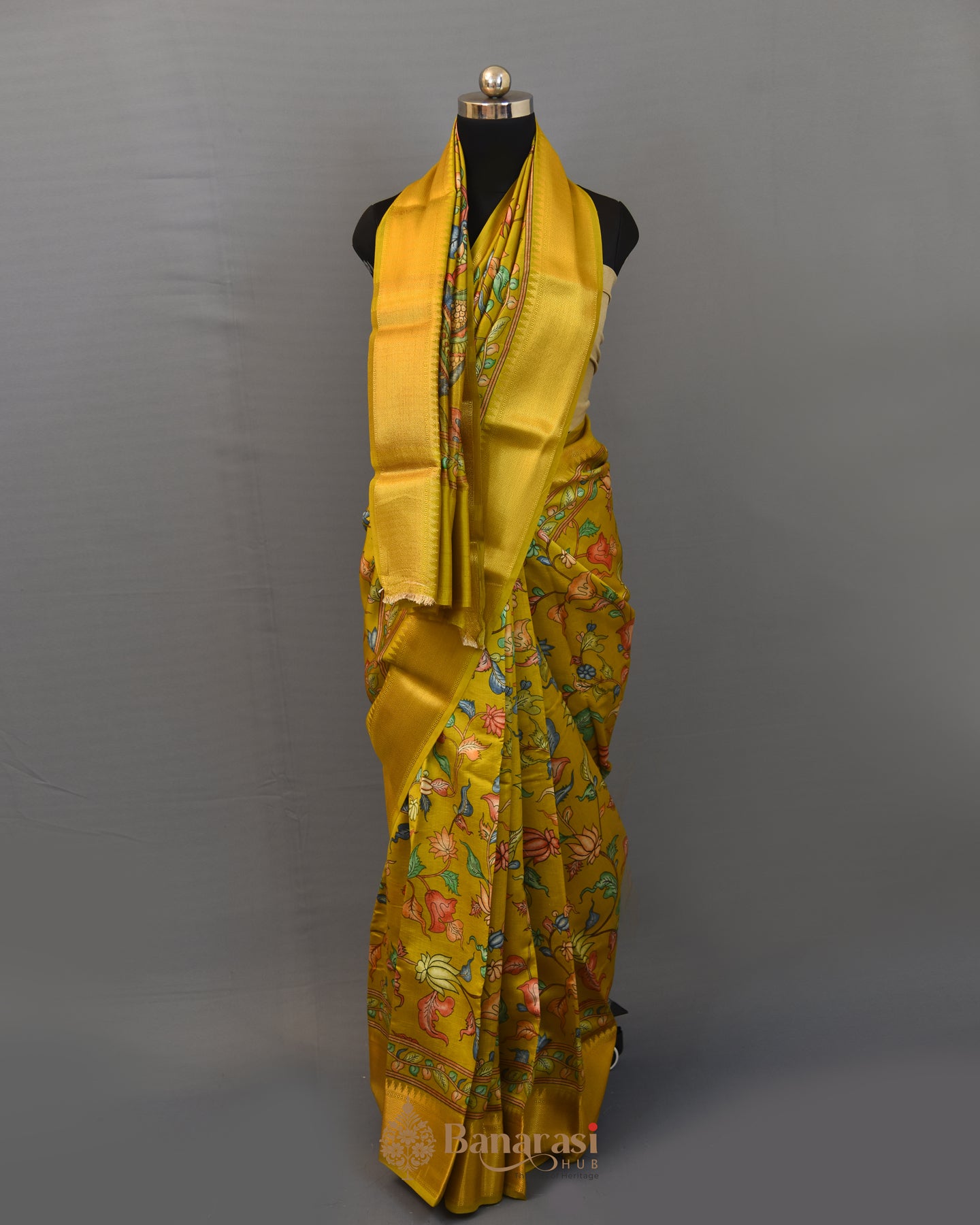 Mustard chiniya silk kalamkari saree