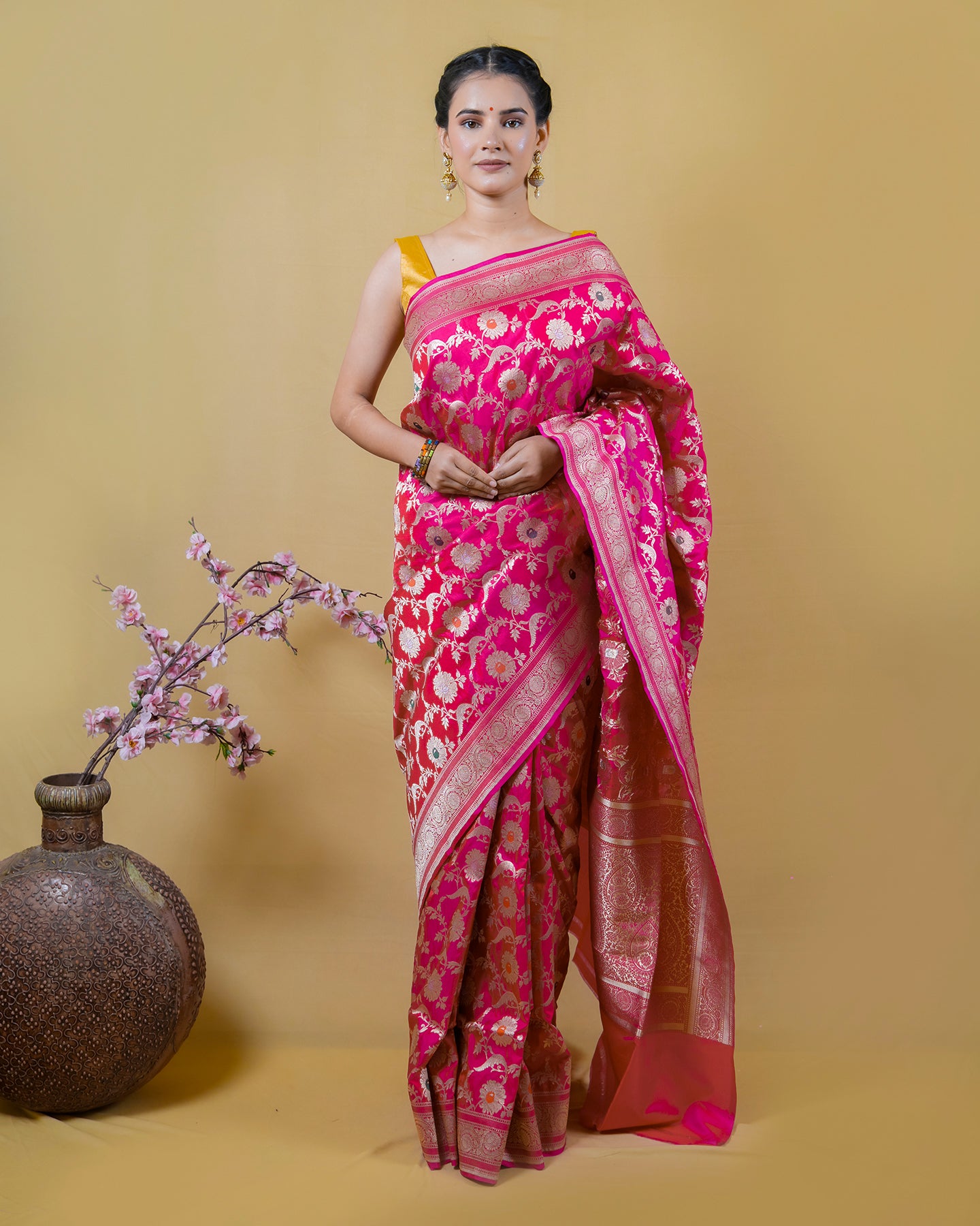 Rani Pink Uppada Floral Meenadar Katan Banarasi Silk Saree